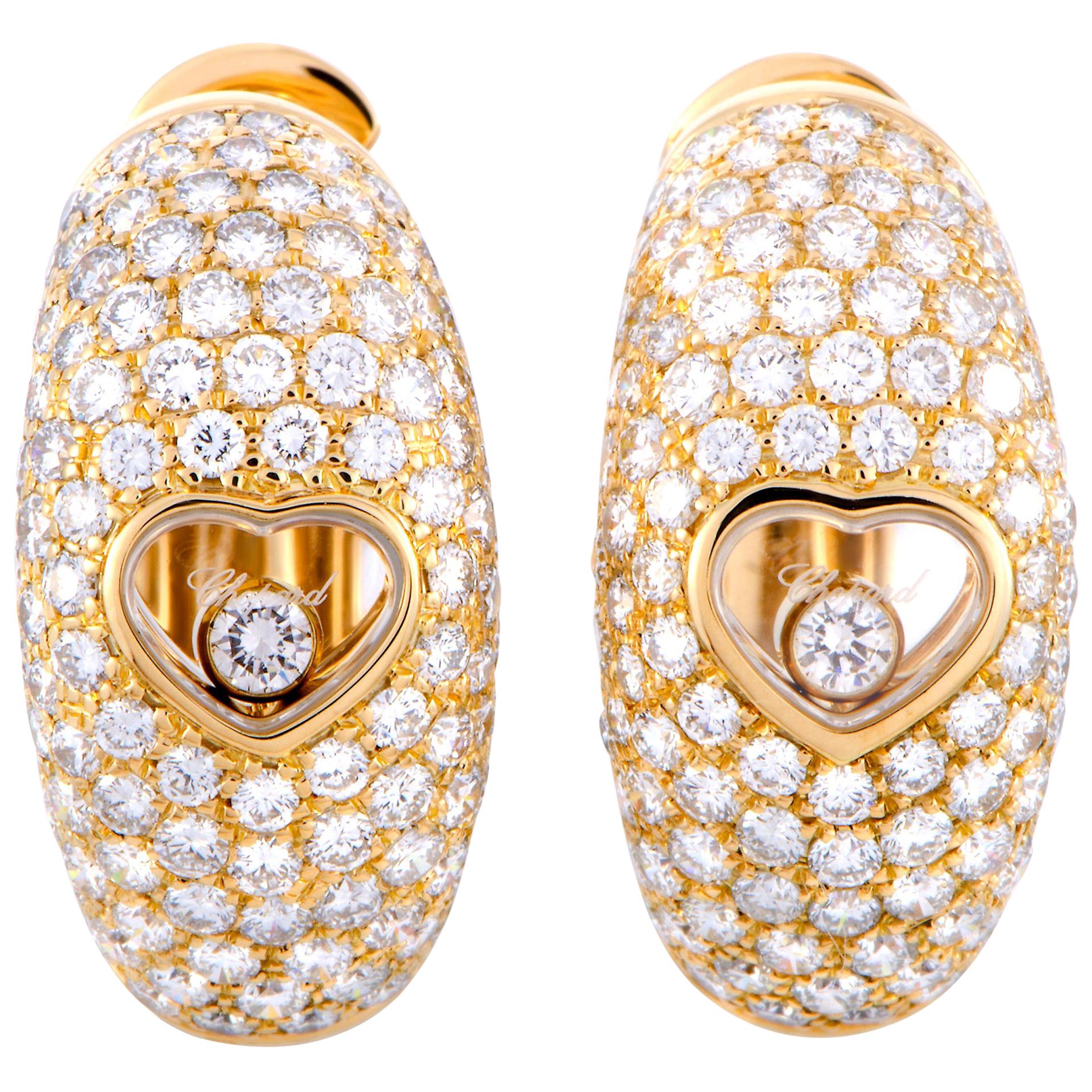 Chopard Happy Diamonds Yellow Gold Floating Diamond Heart Earrings For Sale