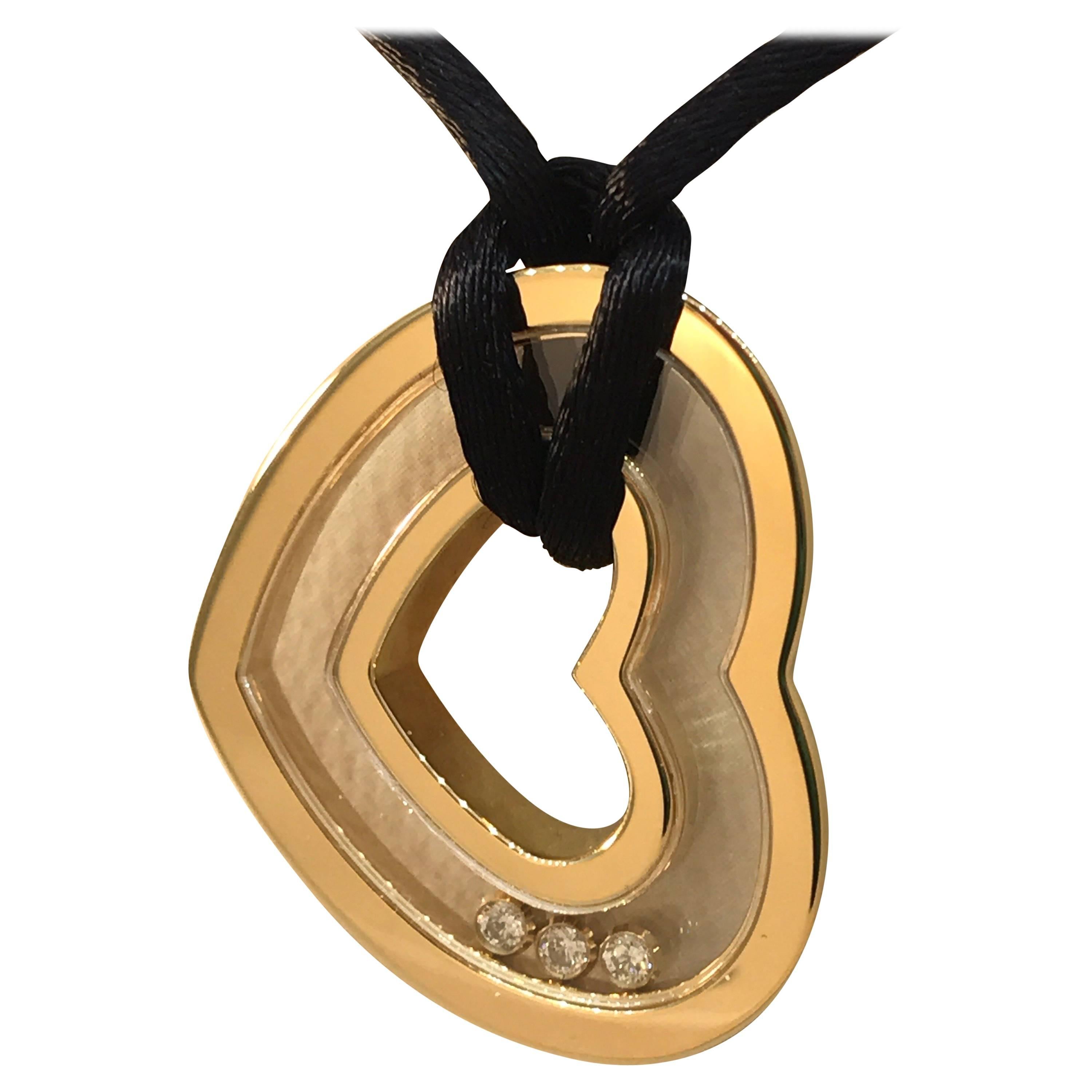 Chopard Happy Diamonds Yellow Gold Heart Pendant on Black Silk Cord Brand New
