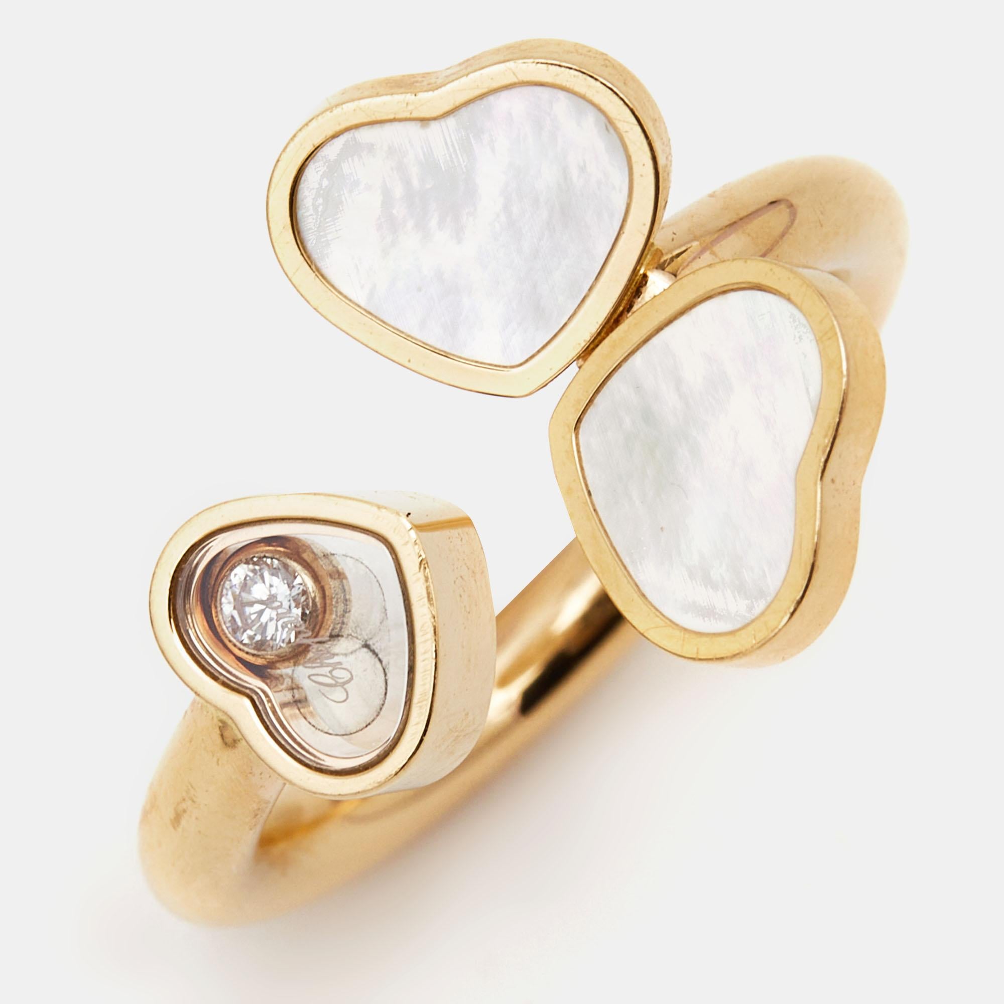 Rose Cut Chopard Happy Heart Wings Diamond Mother of Pearl 18k Rose Gold Ring Size 51 For Sale