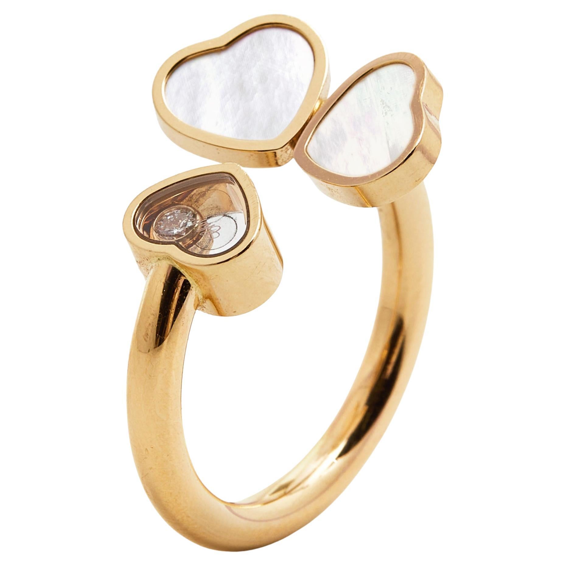 Chopard Happy Heart Wings Diamond Mother of Pearl 18k Rose Gold Ring Size 51 For Sale