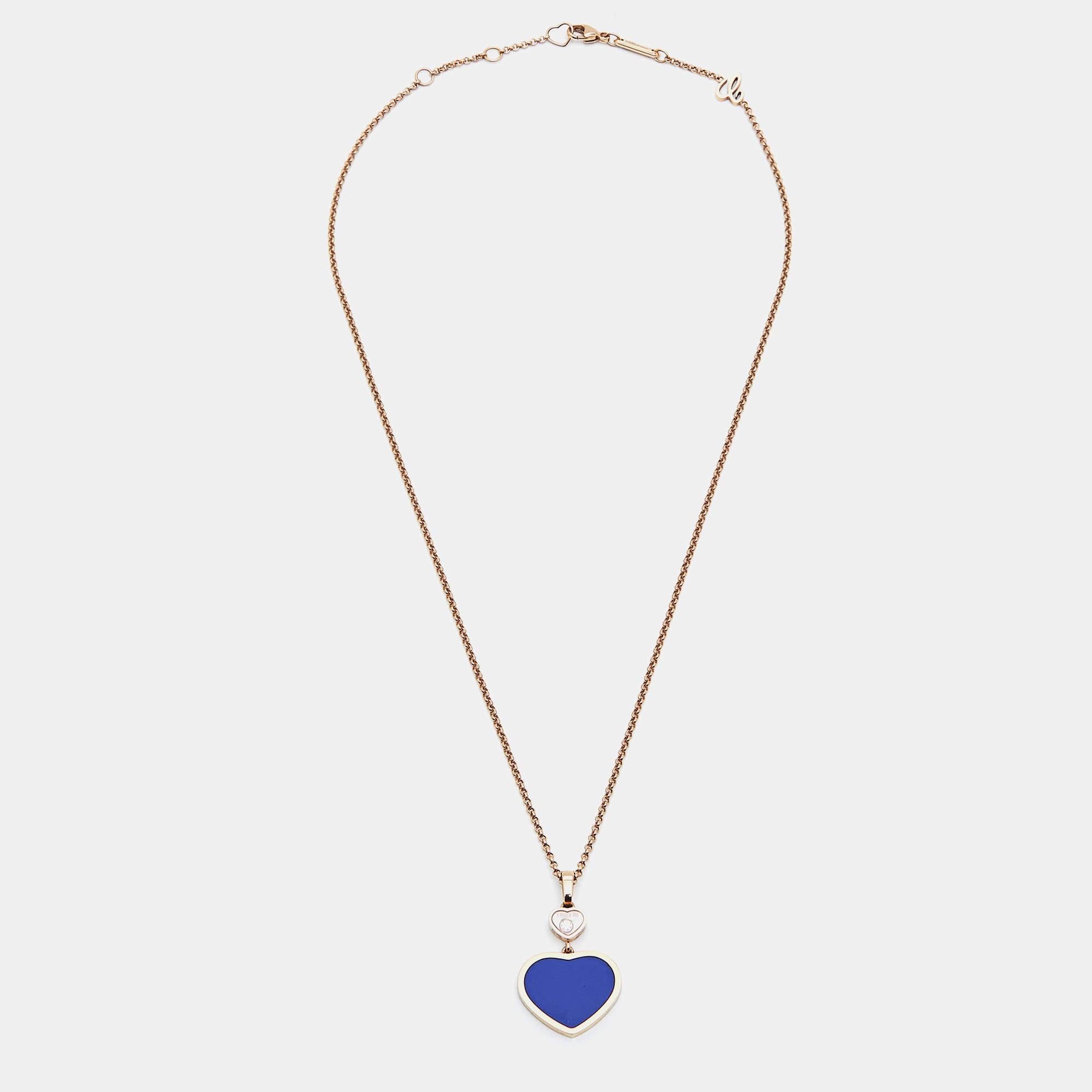 Women's Chopard Happy Hearts Blue Stone Diamond 18k Rose Gold Necklace For Sale