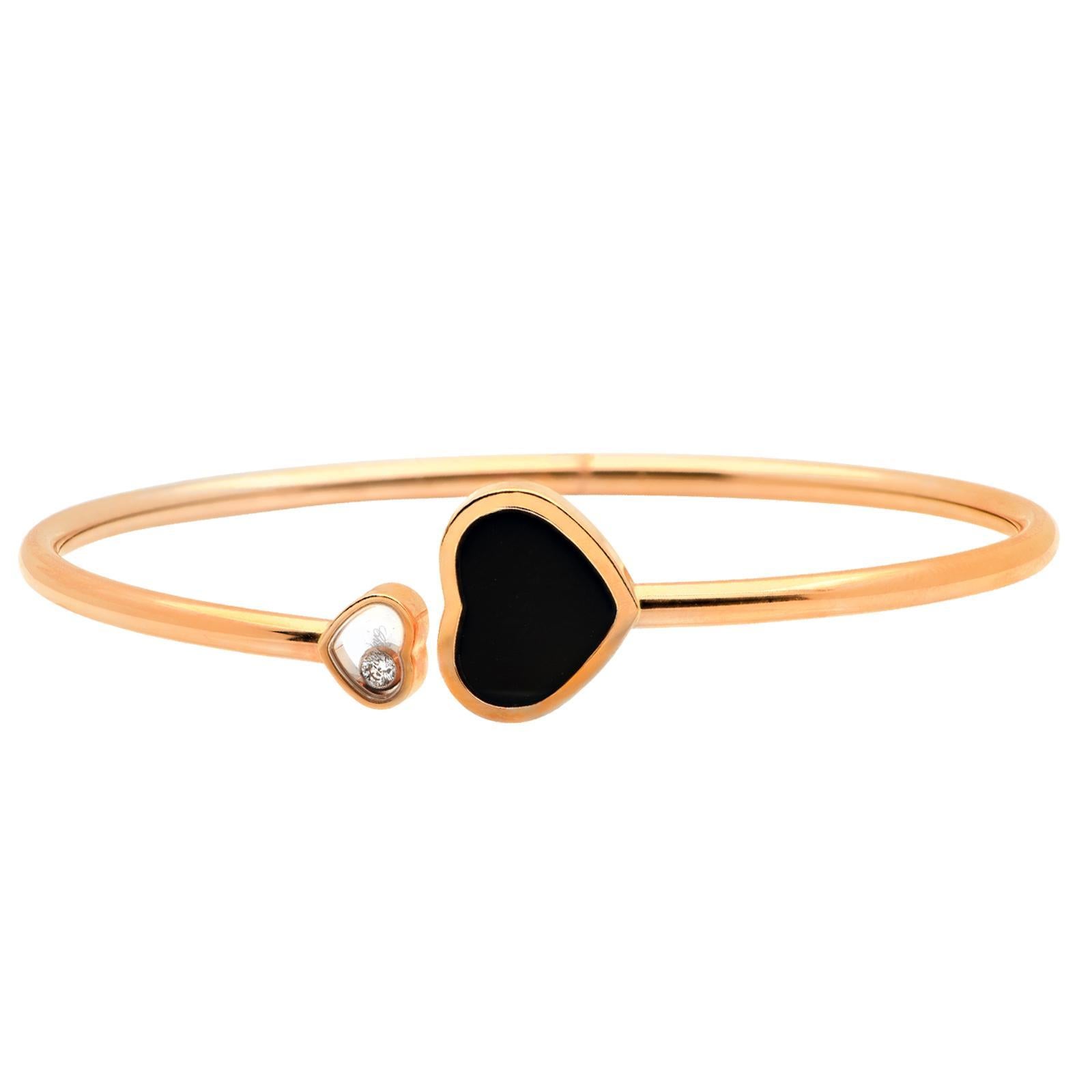 Moderne Chopard Happy Hearts Bracelet souple en or rose 18K avec diamants et onyx en vente