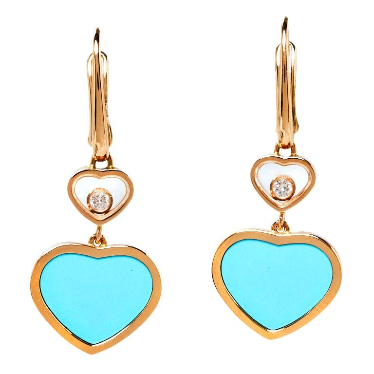 Chopard Happy Hearts Diamond Turquoise 18K Rose Gold Drop Earrings