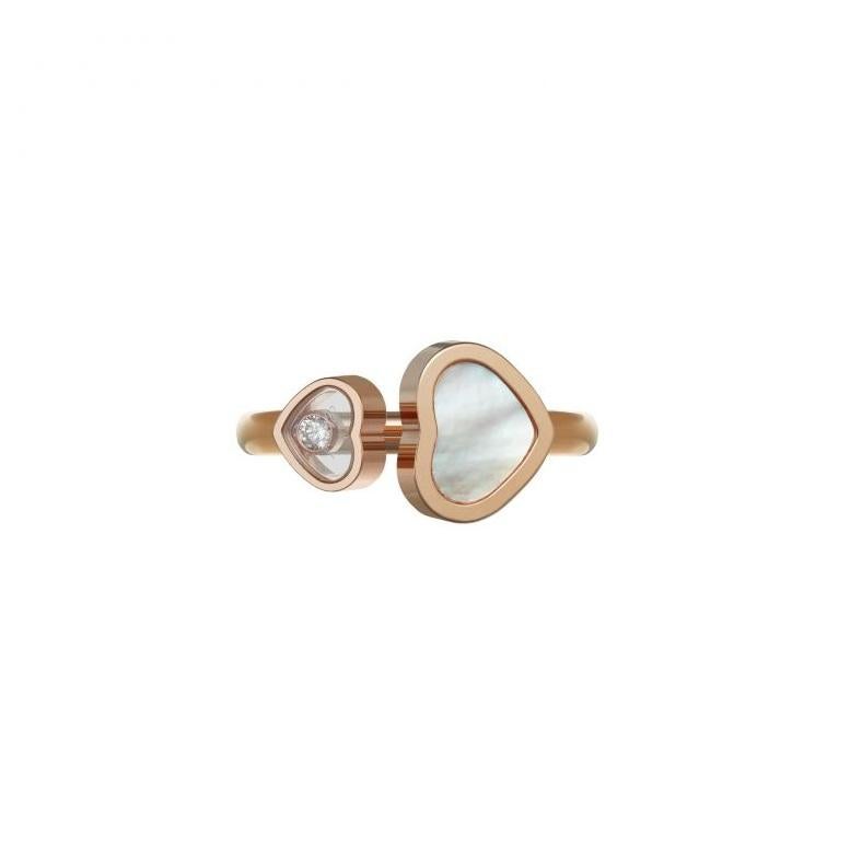 Chopard  HAPPY HEARTS RING with 18-carat rose gold and natural Mother-of-Pearl. Two contrasting hearts are delicately juxtaposed on the finger in a marriage of sparkling harmony. The larger is inlaid with natural mother-of-pearl, the smaller encases