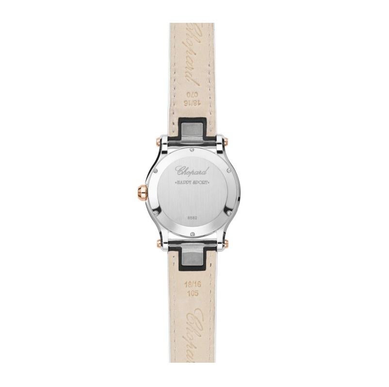 Chopard Happy Hearts
Case & Dial
MATERIAL: 18k rose gold and stainless steel
CROWN MATERIAL: 18k rose gold
WATER-RESISTANCE: 30 meters
CASE DIMENSION(S): 36.00 mm
1 SAPPHIRE = 0.10 CT (BLUE) (CROWN)
3 DIAMONDS = 0.14 CT (MOVING)
7 DIAMONDS = 0.10 CT