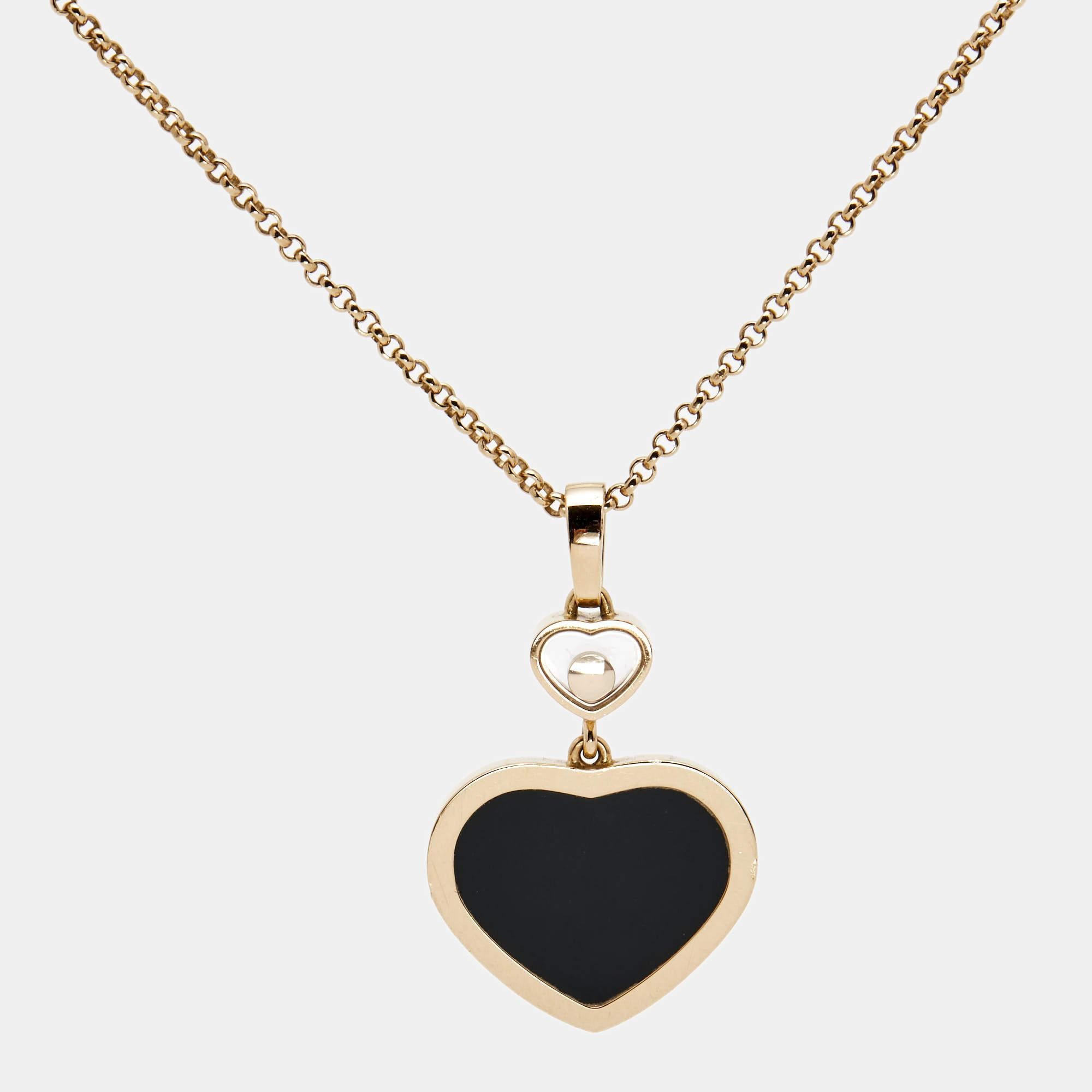 Rose Cut Chopard Happy Hearts Onyx Diamond 18K Rose Gold Pendant Necklace
