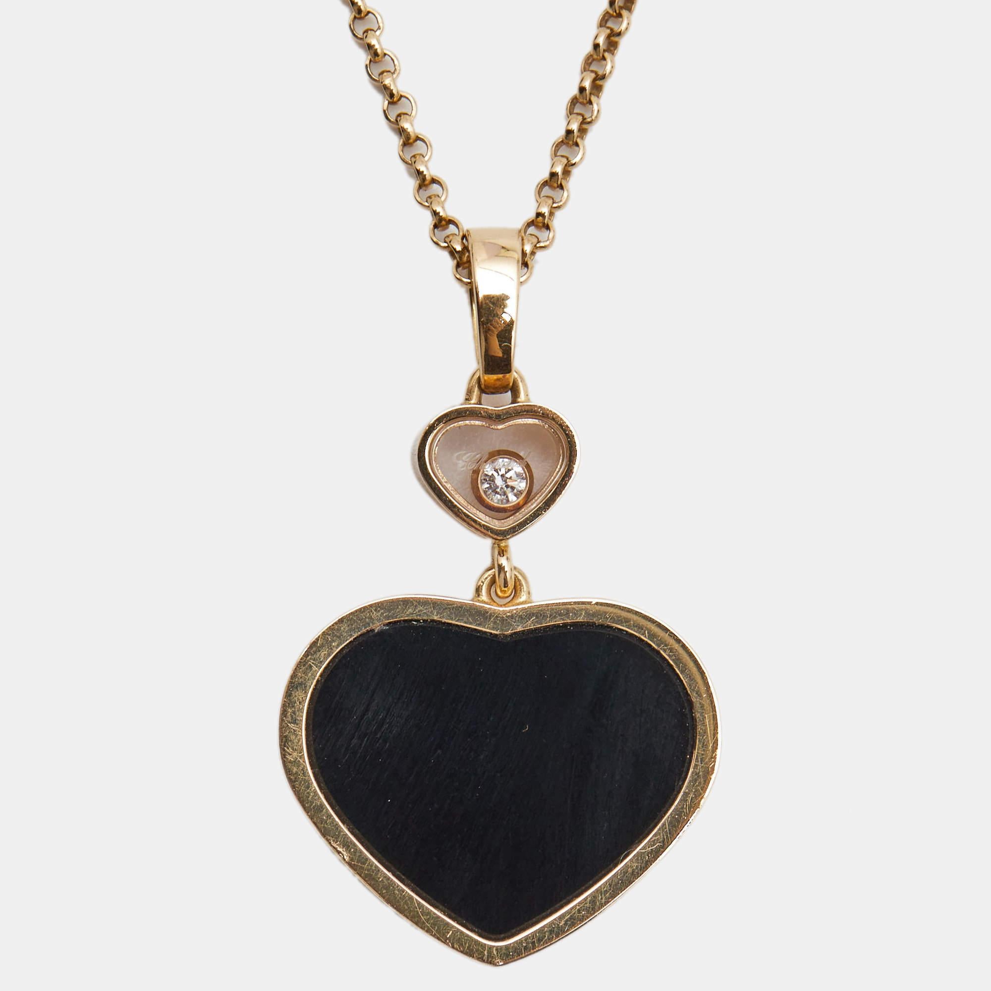 Women's or Men's Chopard Happy Hearts Onyx Diamond 18K Rose Gold Pendant Necklace