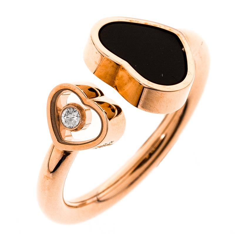 Contemporary Chopard Happy Hearts Onyx Diamond 18k Rose Gold Ring Size 55