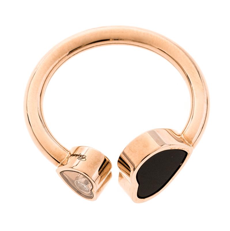 Women's Chopard Happy Hearts Onyx Diamond 18k Rose Gold Ring Size 55