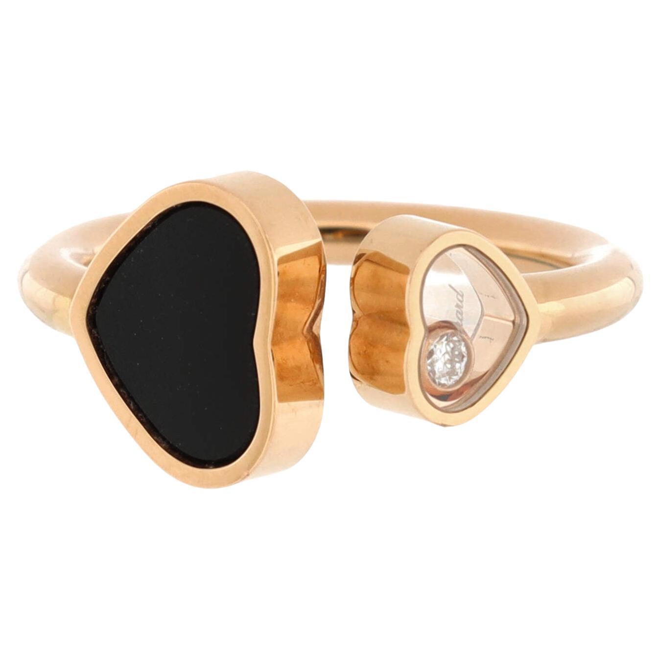 Chopard Happy Hearts Ring 18K Rose Gold and Onyx with Floating Diamond