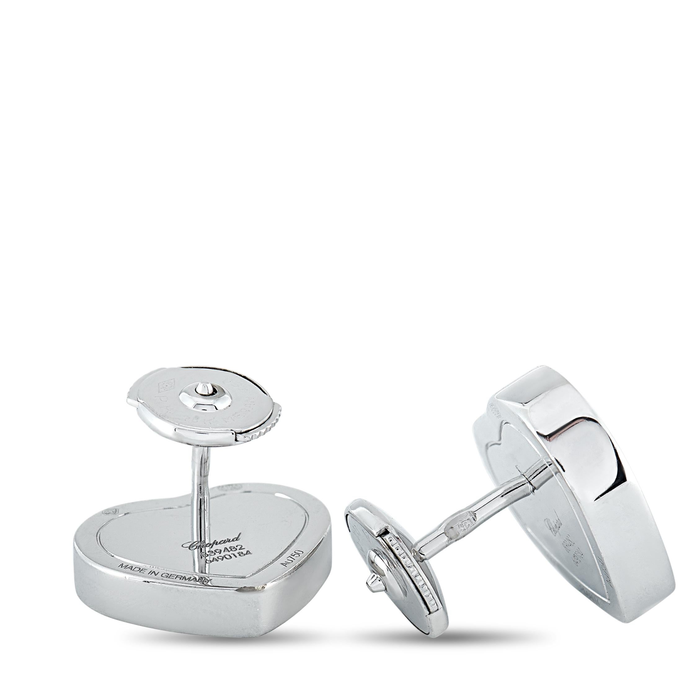 The “Happy Hearts” earrings by Chopard are made out of 18K white gold and onyx and each of the two weighs 2.9 grams. The earrings measure 0.50” in length and 0.50” in width.
 
 Offered in brand new condition, this pair of earrings includes the