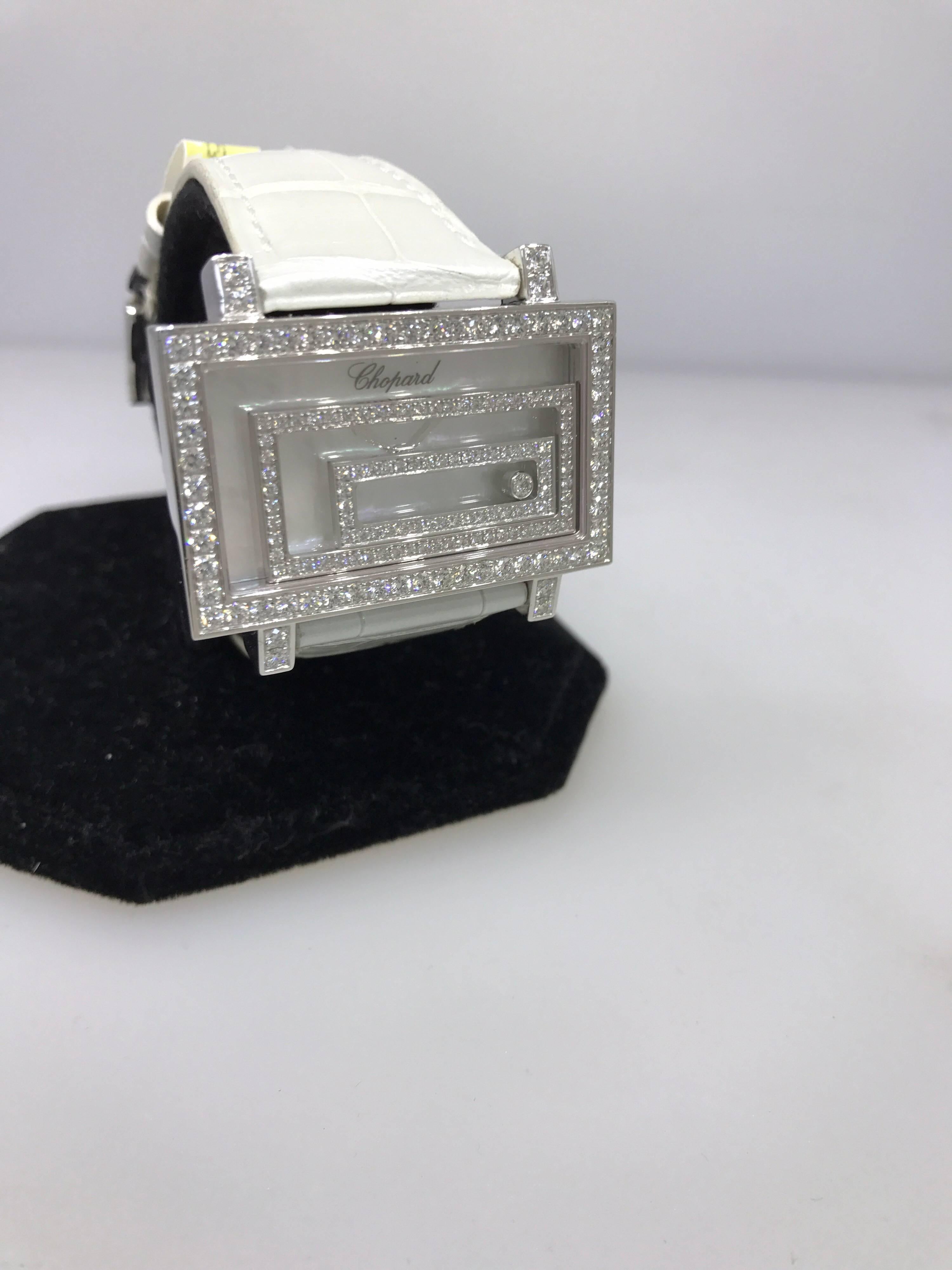 Chopard Happy Spirit 18 Karat White Gold Pave Diamond Leather Band Ladies Watch For Sale 6