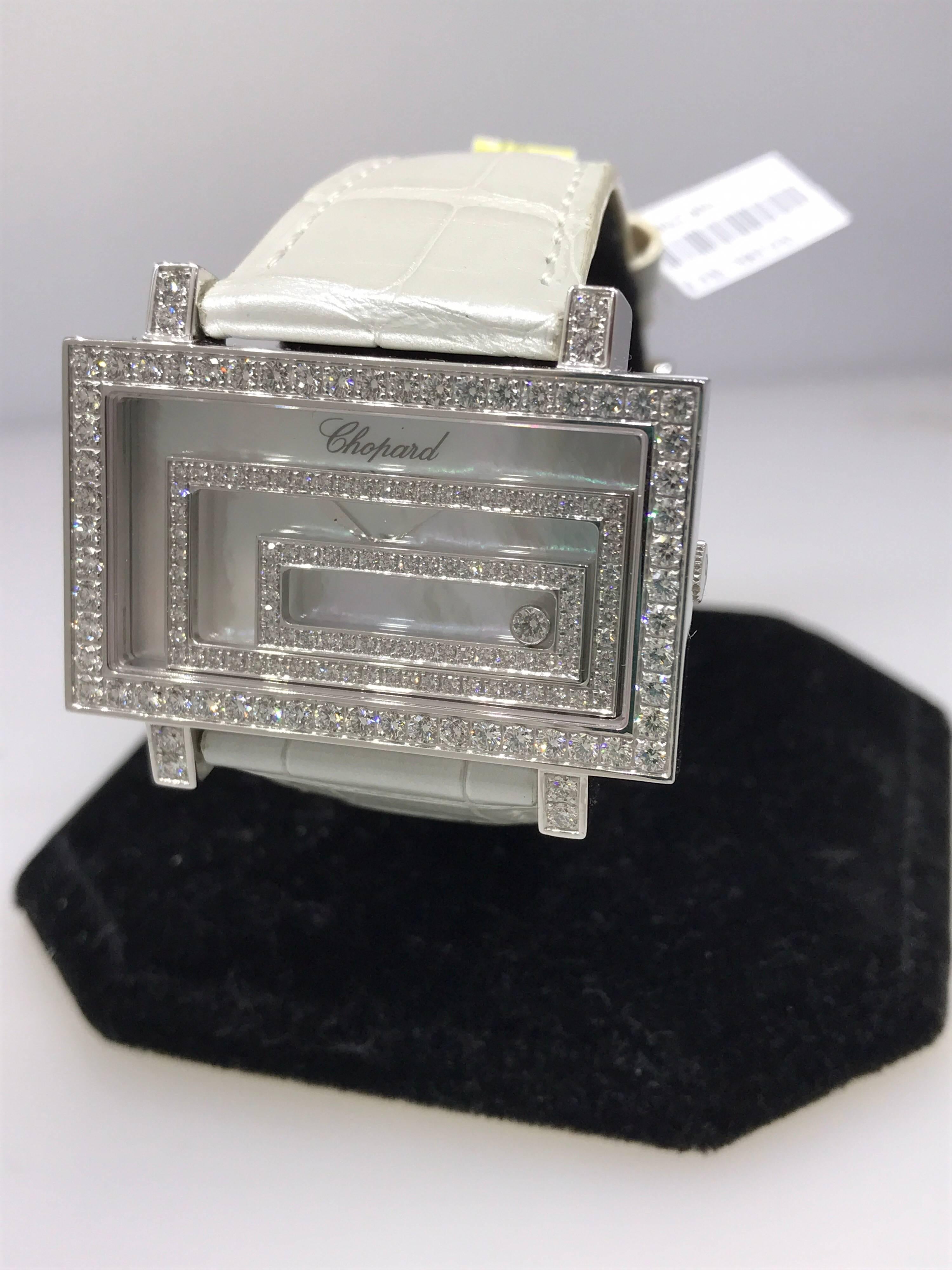 Chopard Happy Spirit 18 Karat White Gold Pave Diamond Leather Band Ladies Watch In New Condition For Sale In New York, NY