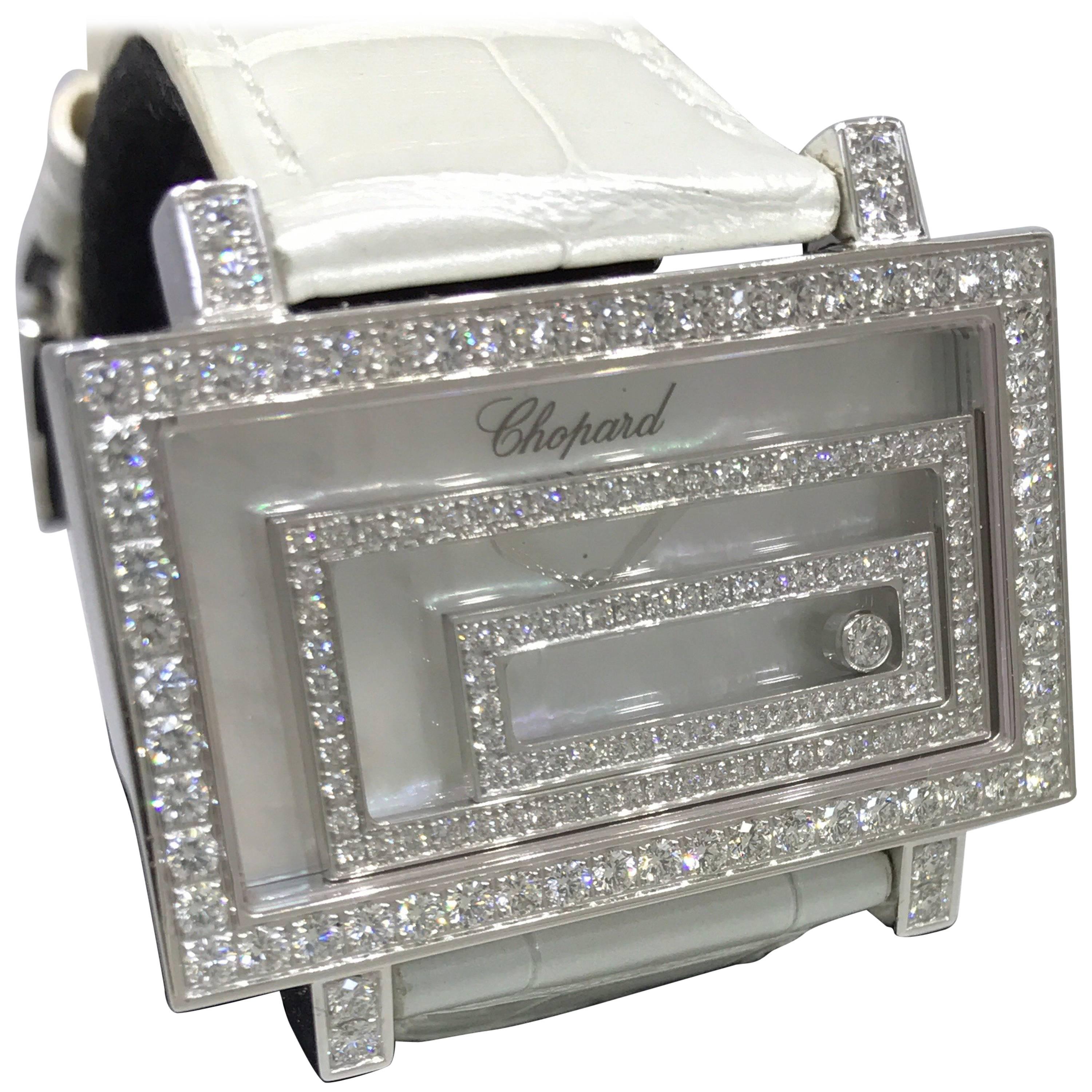 Chopard Happy Spirit 18 Karat White Gold Pave Diamond Leather Band Ladies Watch For Sale