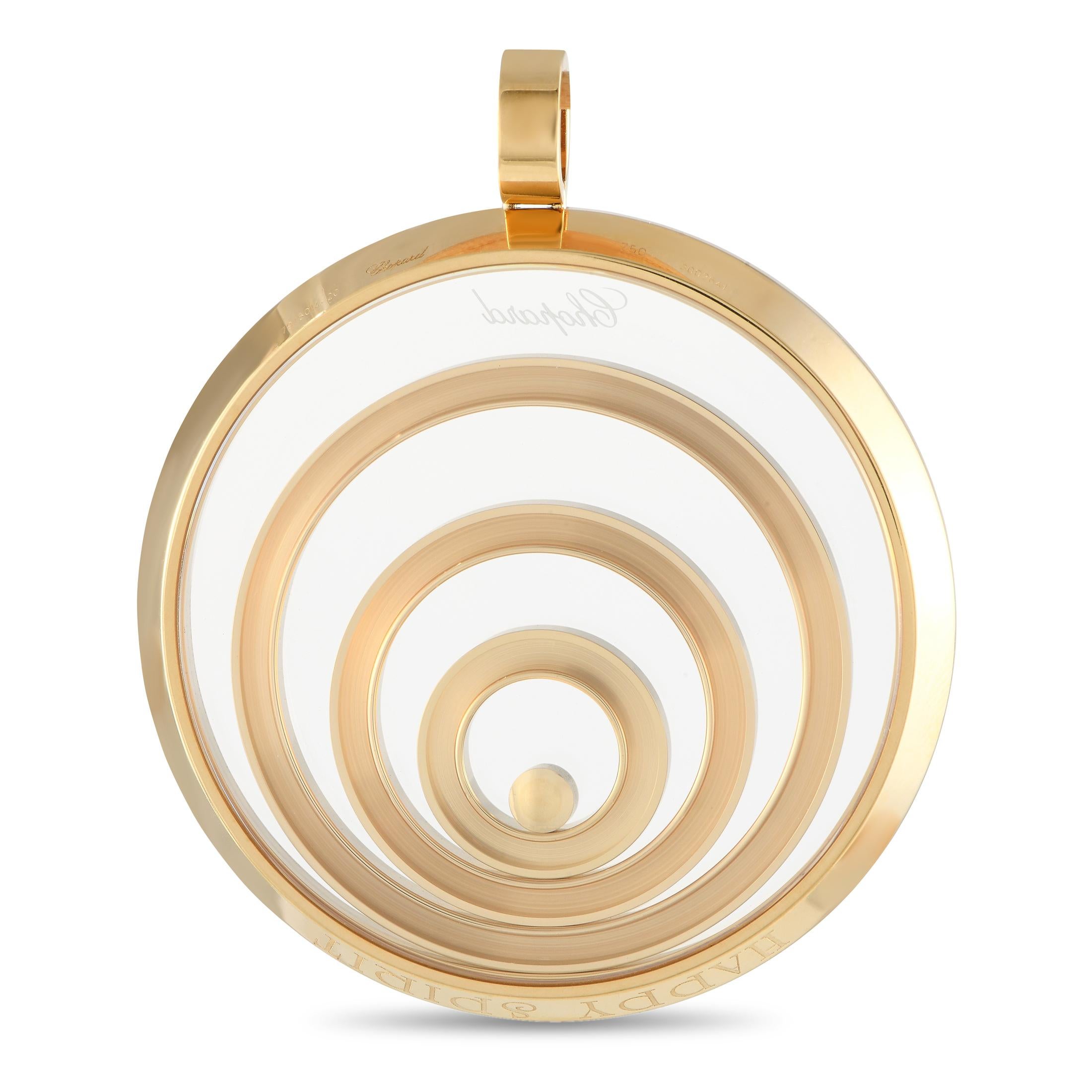 This yellow gold pendant from Chopard is sure to put the wearer in a happy mood. It features a single bezel-set diamond that beautifully plays with light and movement. The pendant features a concentric circle motif, similar to a water ripple,