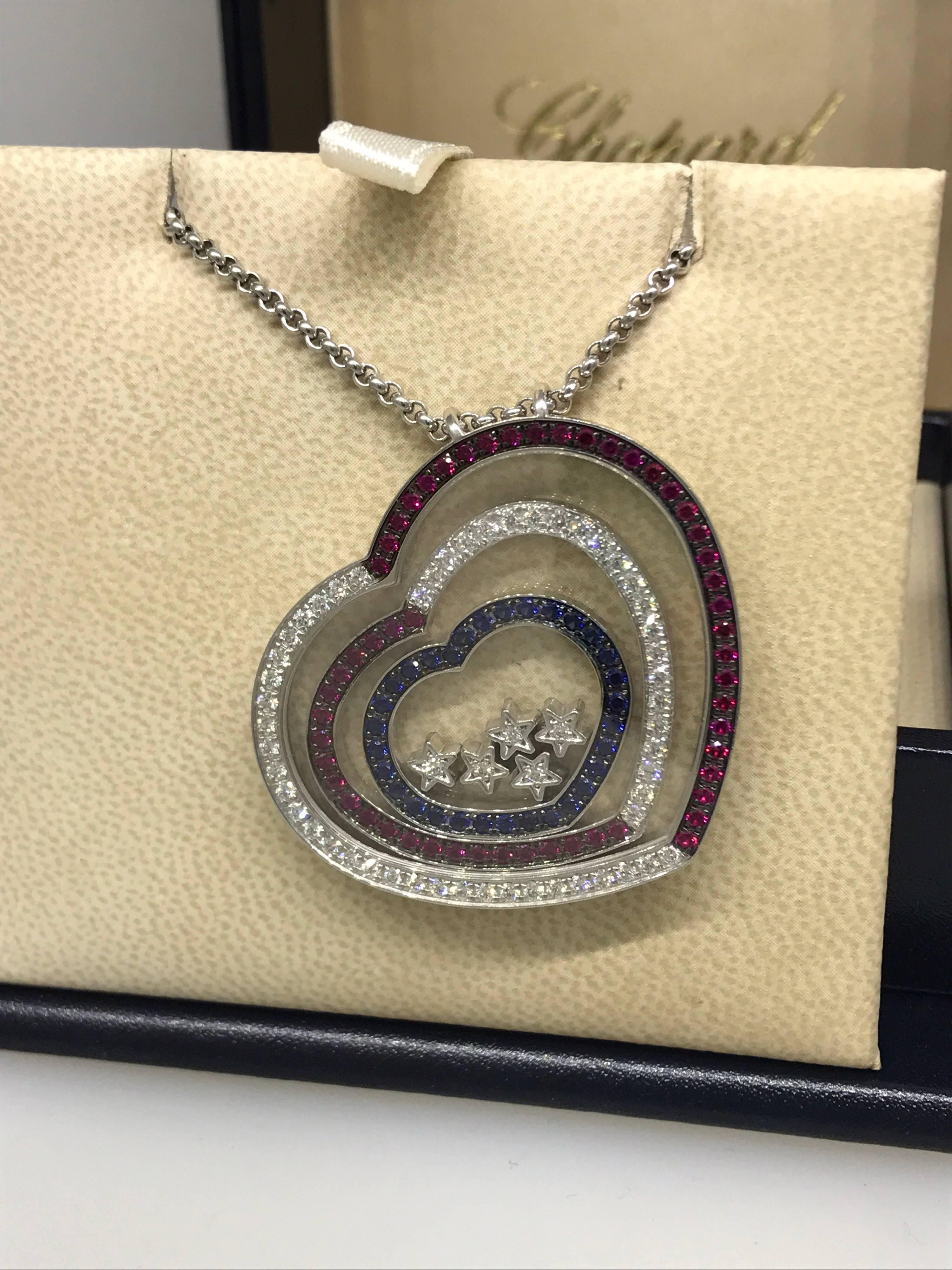 Chopard Happy Spirit White Gold Hearts Pendant with Rubies, Sapphires, Diamonds In Excellent Condition For Sale In New York, NY