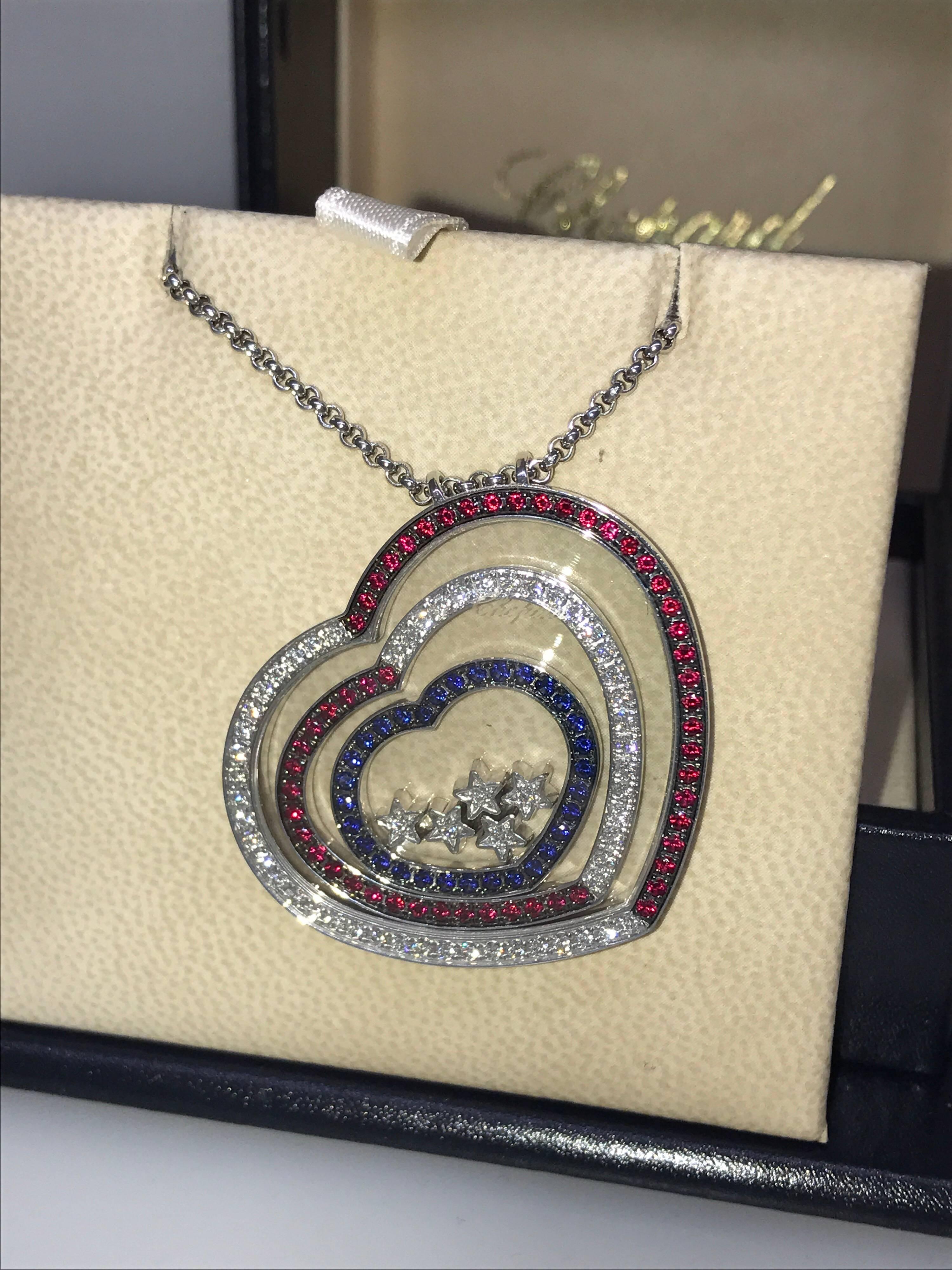 Chopard Happy Spirit White Gold Hearts Pendant with Rubies, Sapphires, Diamonds For Sale 1
