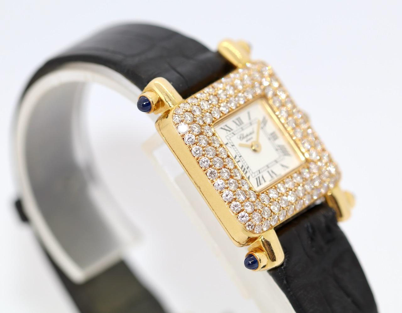 Round Cut Chopard Happy Sport 18 Karat Gold Diamond and Sapphire Ladies Watch Ref. 419-1 For Sale
