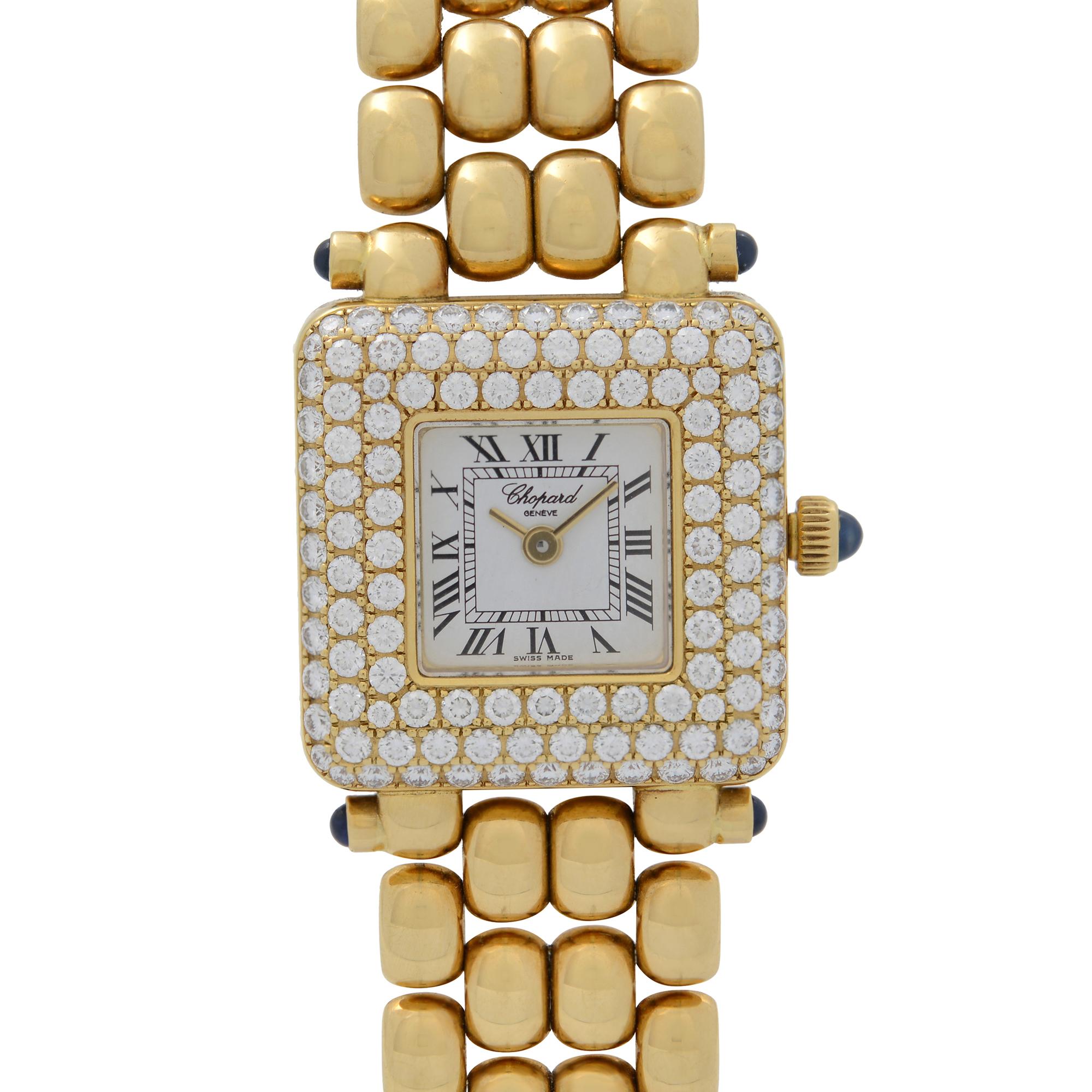 Pre-Owned Chopard Happy Sport 18K Yellow Gold Diamond White Dial Ladies Watch 10/6115-23. This Beautiful Timepiece is Powered by Quartz (Battery) Movement And Features: 18k Yellow Gold Case and Bracelet, Fixed 18k Gold Bezel Set with Diamonds, White