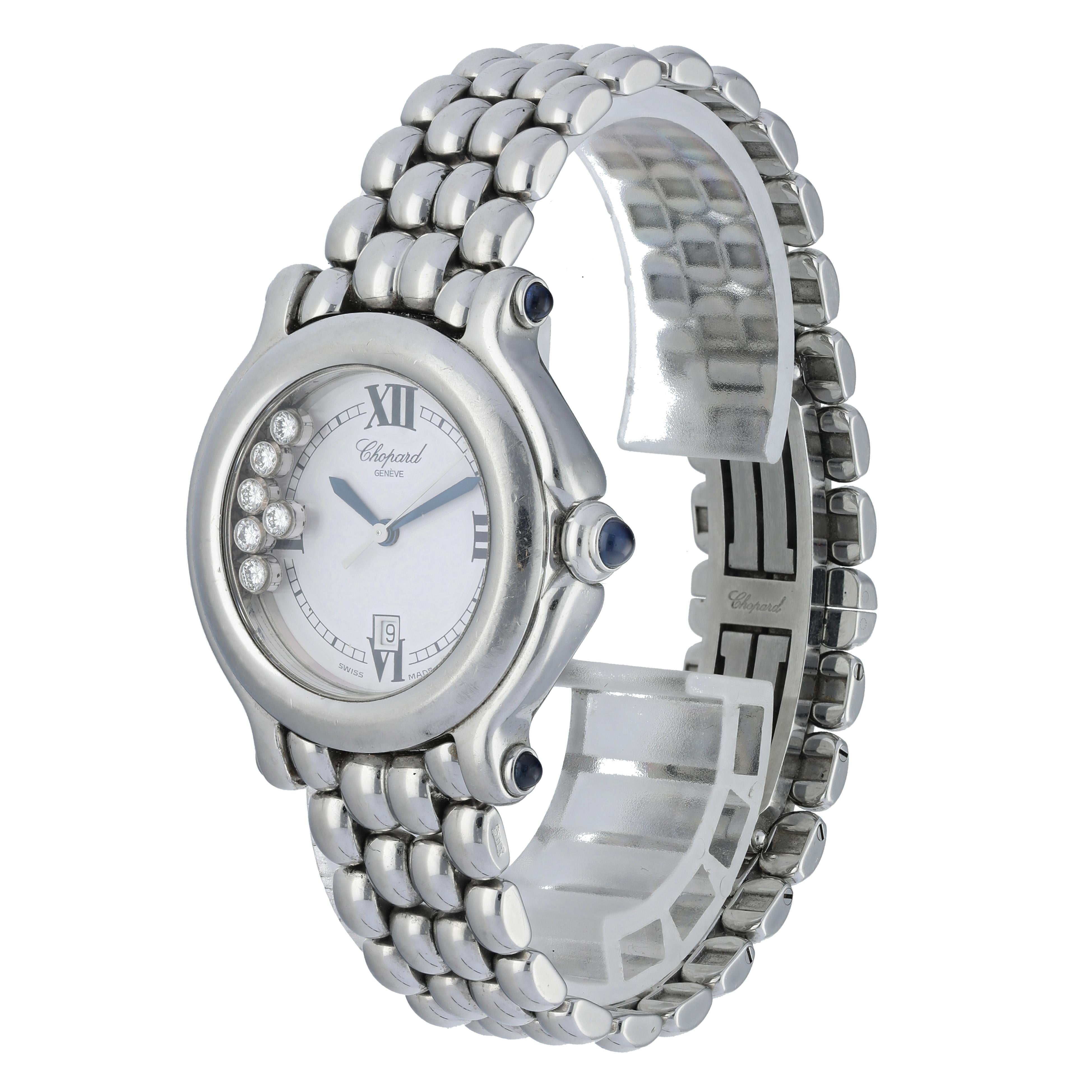 Chopard Happy Sport 27/8236-23 Floating Diamonds Ladies Watch. 
32mm Stainless Steel case. 
Stainless Steel Stationary bezel. 
White floating diamond dial with Blue steel hands and Roman numeral hour markers. 
Minute markers on the inner dial. 
Date