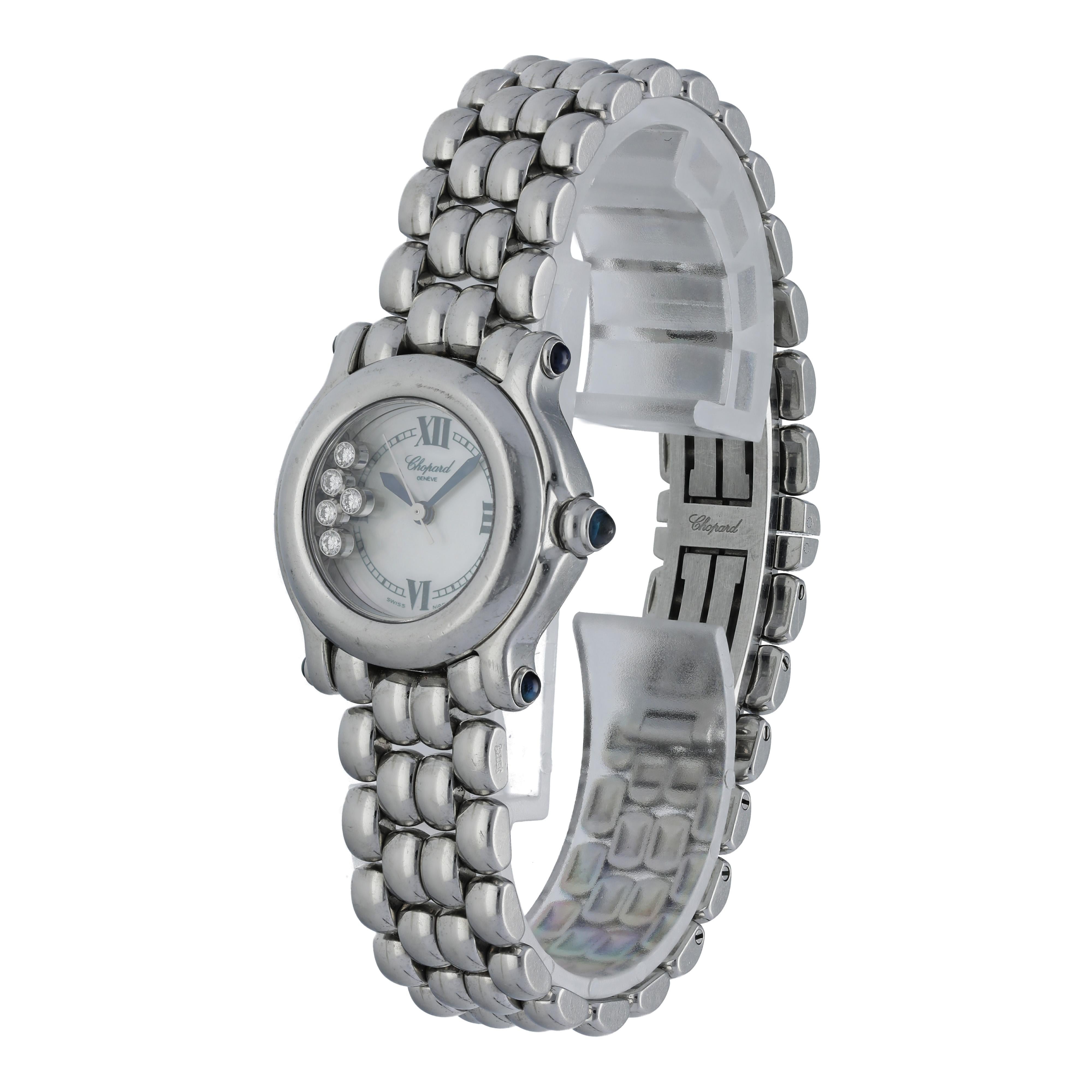 Chopard Happy Sport 27/8250-23 Ladies Watch. 
26mm Stainless Steel case. 
Mother-of-Pearl dial with blue steel hands, roman numeral hour markers, and 5 floating diamonds. 
Minute markers on the outer dial. 
Stainless Steel Bracelet with Hidden