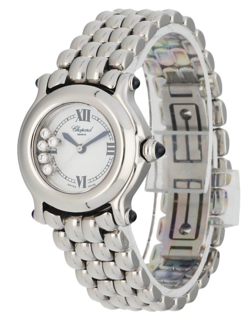 Chopard Happy Sport 27/8250-23 Ladies Watch. 26mm Stainless Steel case.White dial with blue steel hands, roman numeral hour markers, and 5 floating diamonds. Minute markers on the outer dial. Stainless steel bracelet with hidden butterfly Clasp.