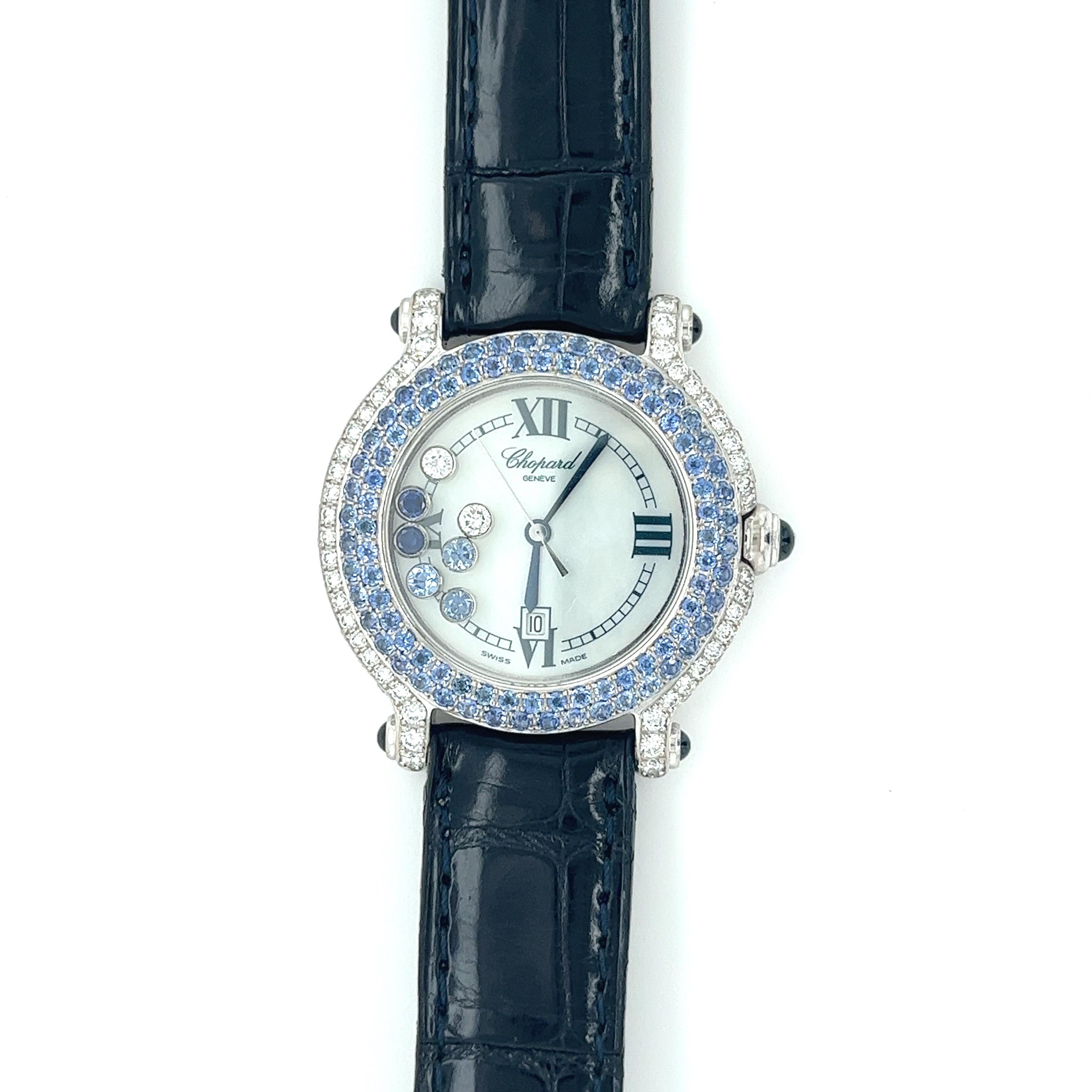 Modern Chopard Happy Sport 276323-1002 Blue Sapphire and Diamond 18K White Gold Watch For Sale