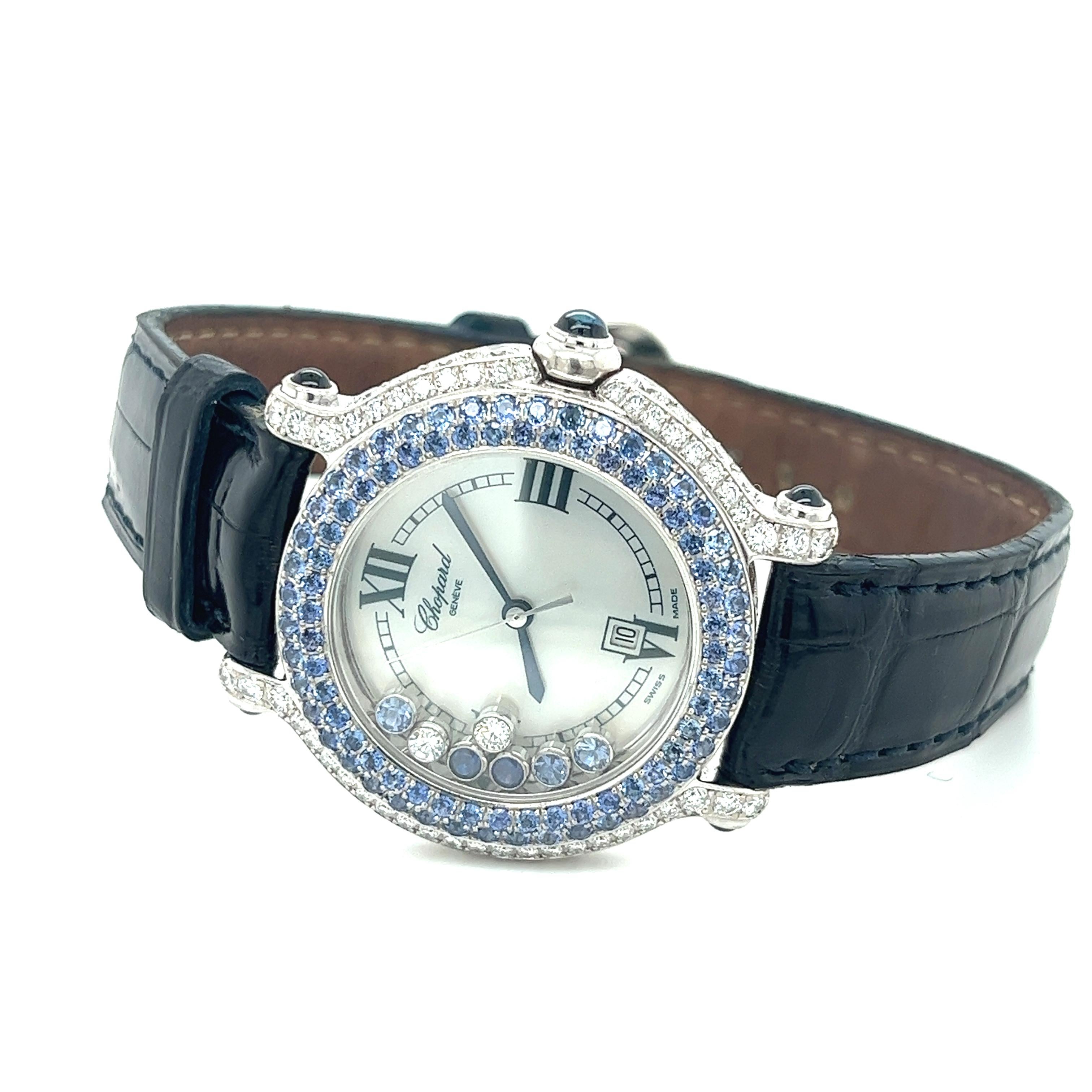 Chopard Happy Sport 276323-1002 Blue Sapphire and Diamond 18K White Gold Watch For Sale 1