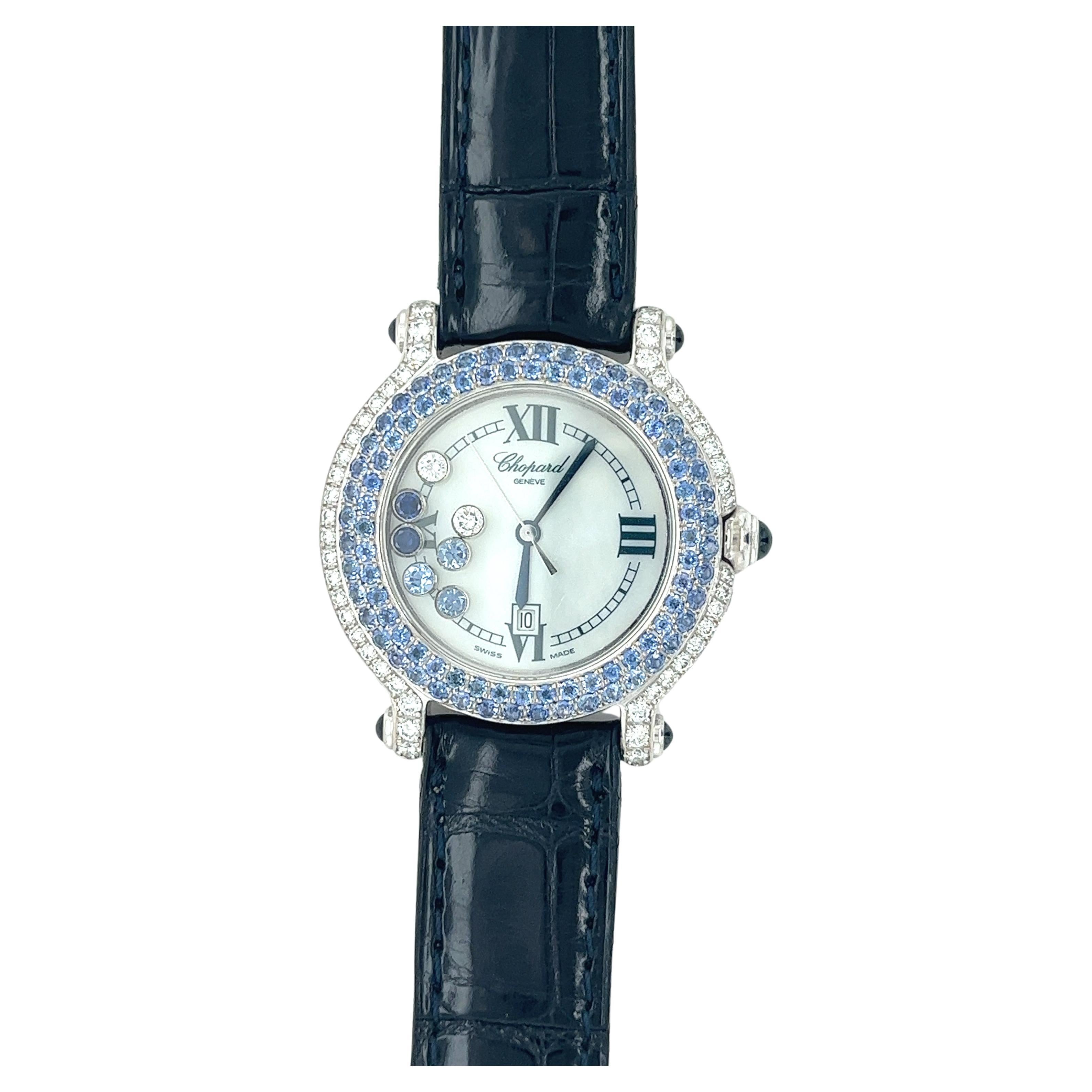 Chopard Happy Sport 276323-1002 Blue Sapphire and Diamond 18K White Gold Watch For Sale