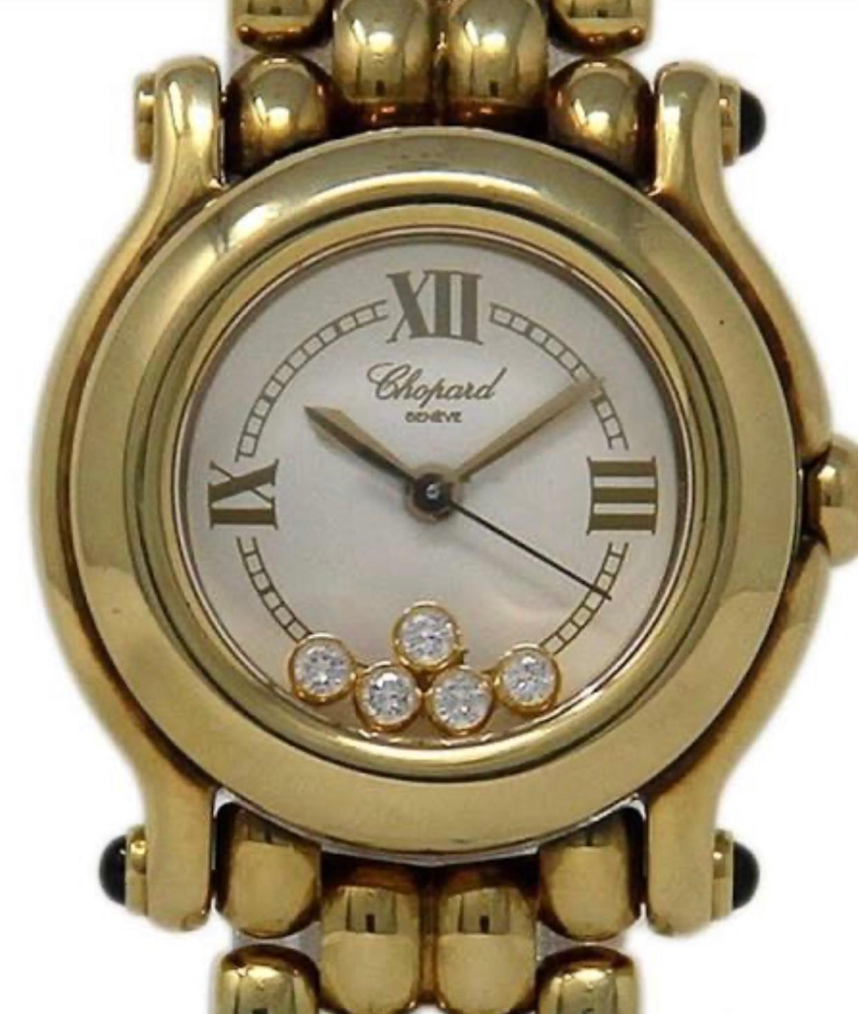 Chopard Happy Sport 277-6150-23 18 Kt Yellow Gold 115 Grams 5 Floating Diamonds
Swiss Made
Model Name:Happy Sport
- White Dial
- 5 Floating Diamonds Inside Dial
- Diamonds Set on Bezel
- 5 Blue Sapphire Cabochon Crown
- Battery Operated Quartz