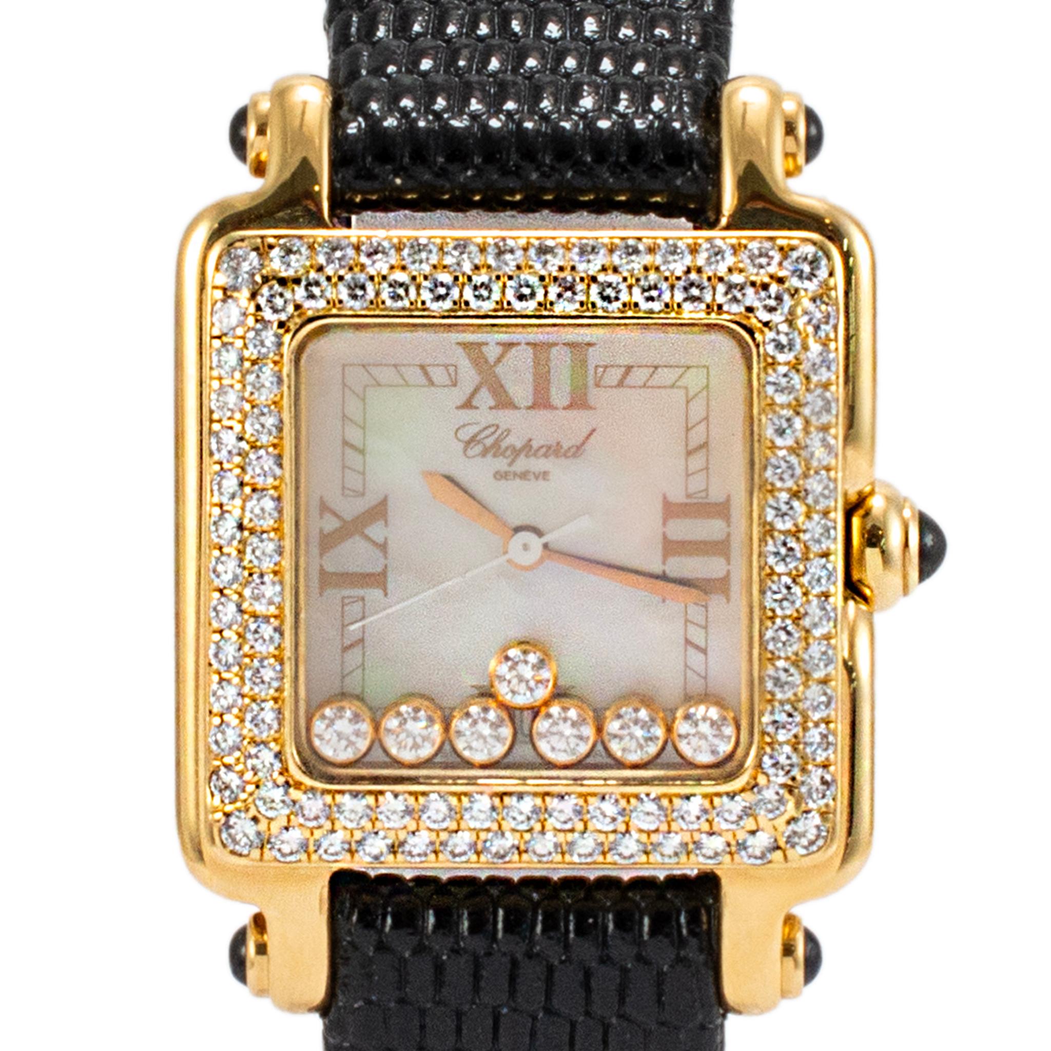 Marke: Chopard

Geschlecht: Damen

Metall Typ: 18K Gelbgold

Durchmesser: 27,00 mm

Gewicht: 55,75 Gramm

Eine Damen 18K Gelbgold Diamant Chopard Swiss-made Uhr. Das Metall wurde getestet und es wurde festgestellt, dass es sich um 18 Karat Gelbgold