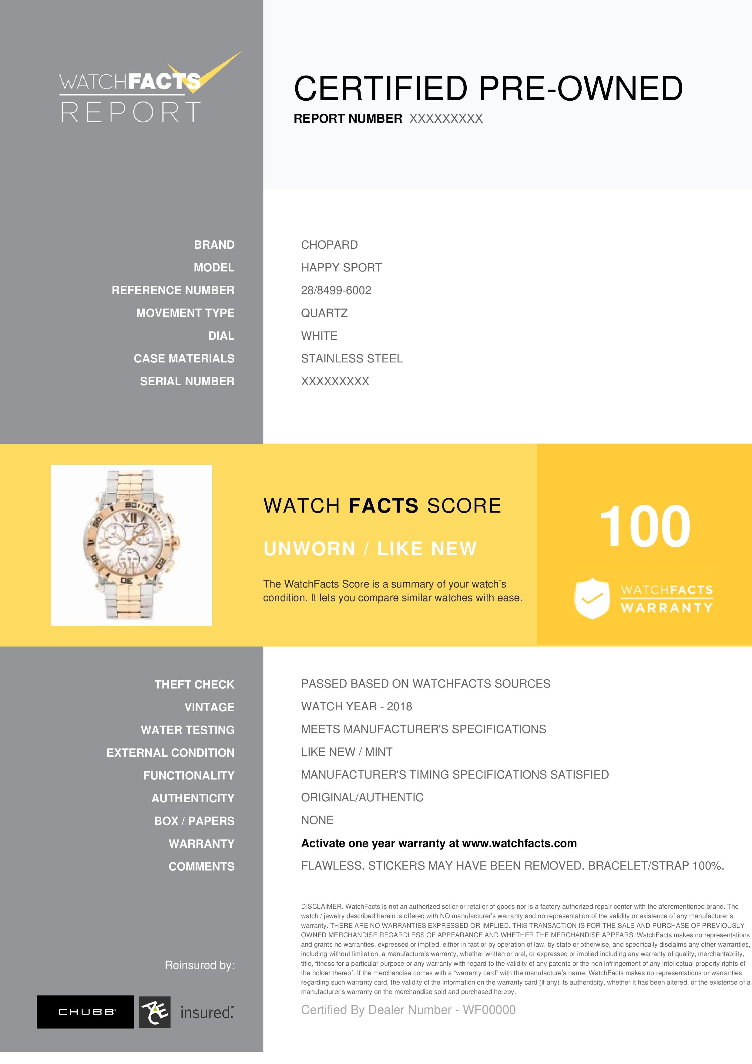Chopard Happy Sport Reference #: 28/8499-6002. Womens Quartz Watch Stainless Steel White 42 MM. Verified and Certified by WatchFacts. 1 year warranty offered by WatchFacts.
