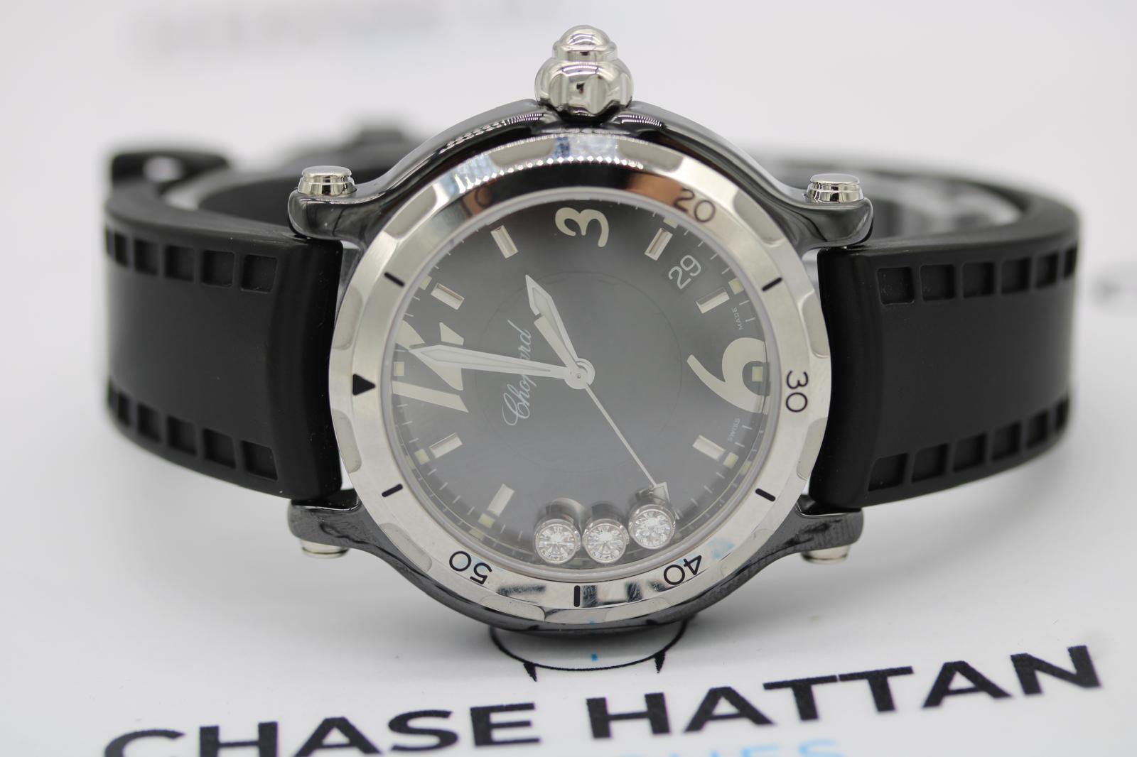 Chopard Happy Sport 28/8507 Cerámica Negra Diamantes Flotantes  Juego completo en Excelente estado para la venta en London, GB