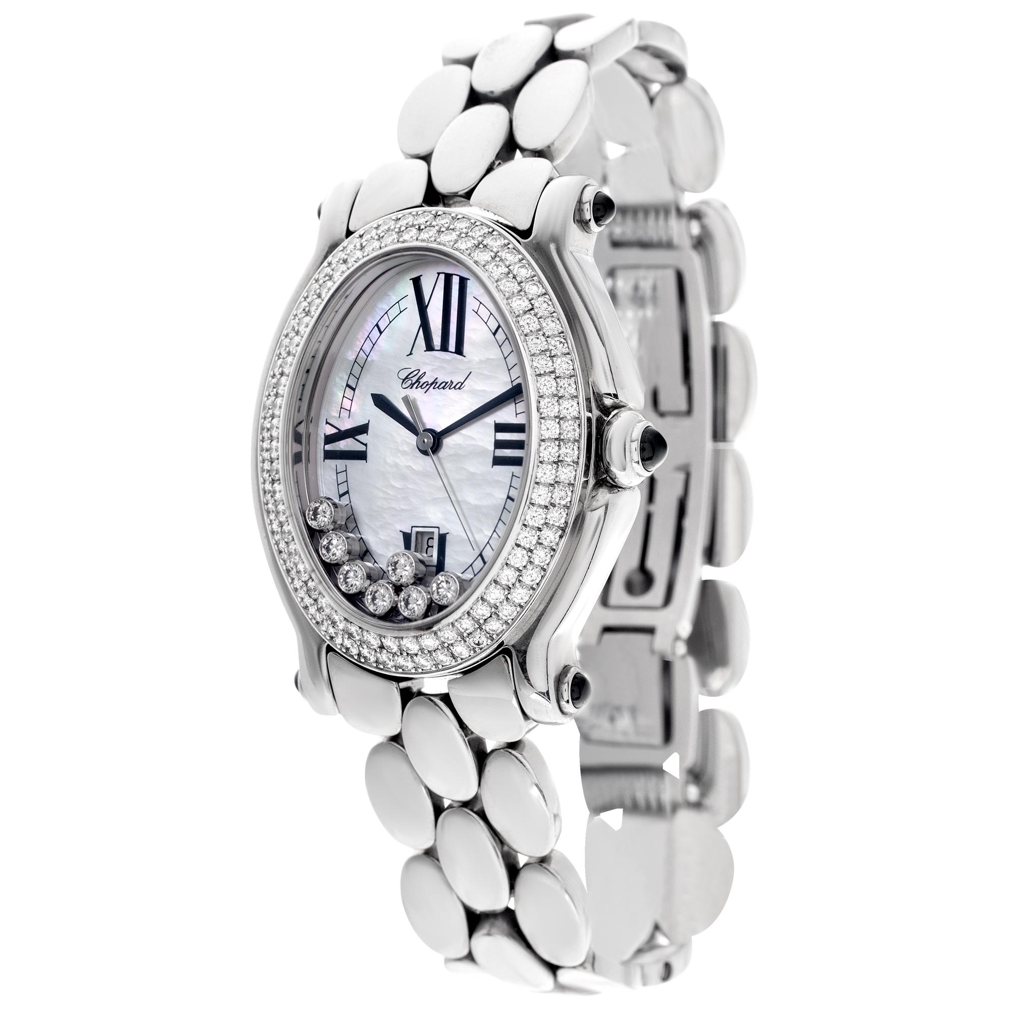 Chopard Happy Sport Oval in stainless steel with 7 floating diamonds, Mother of Pearl dial and double row diamond bezel. Quartz. Ref 27/8953-23. Fine Pre-owned Chopard Watch.

Certified preowned Dress Chopard Happy Sport 27/8953-23 watch is made out