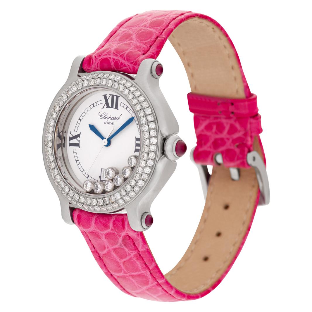 Chopard Happy Sport with diamond bezel and 7 floating diamonds in stainless steel on pink crocodile Chopard leather strap with an original tang buckle. Quartz. 33 mm case size. Ref 27/8238-21. Circa 2000s. Fine Pre-owned Chopard Watch.

Certified