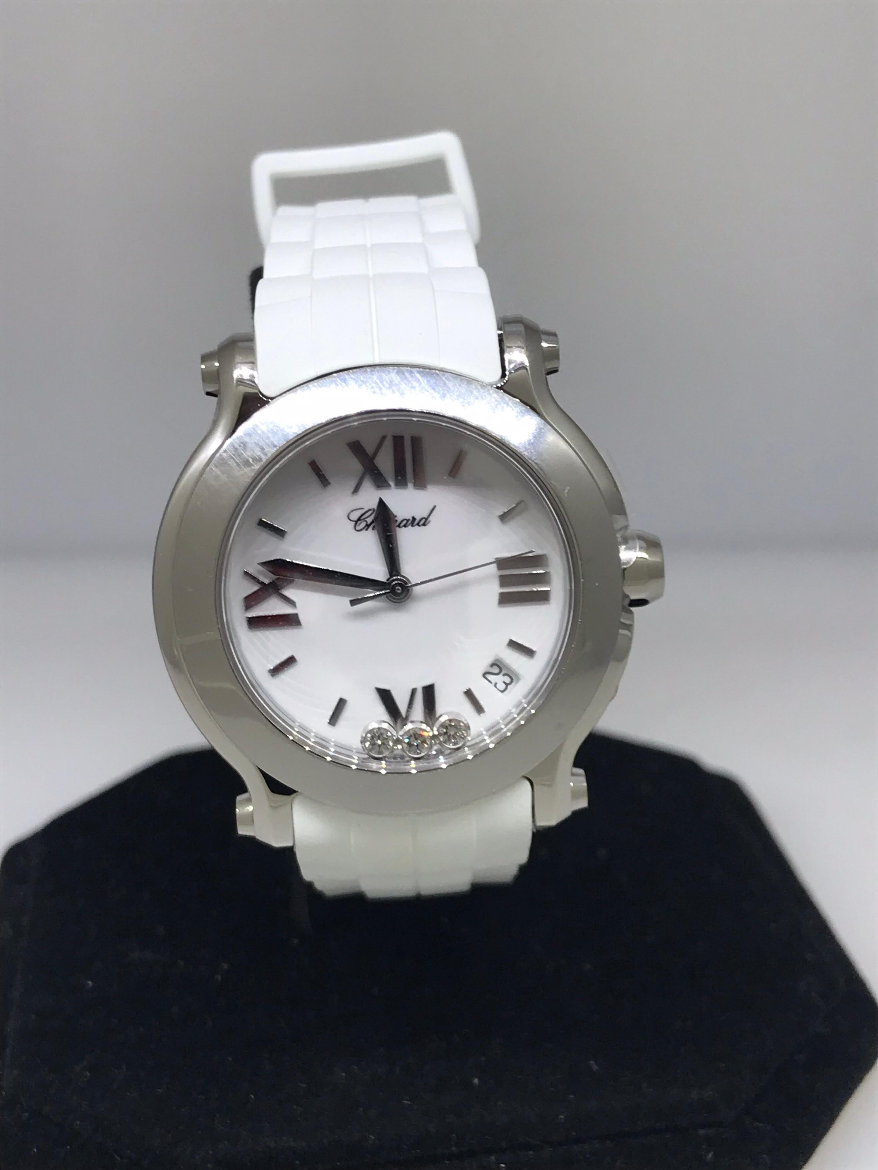 Chopard Happy Sport Ladies Watch

Model Number: 27/8475-3016

100% Authentic

Brand New

Comes with original Chopard Box, Certificate of Authenticity and Warranty and Instruction Manual

Stainless Steel Case & Buckle

White Dial

3 Floating Diamonds