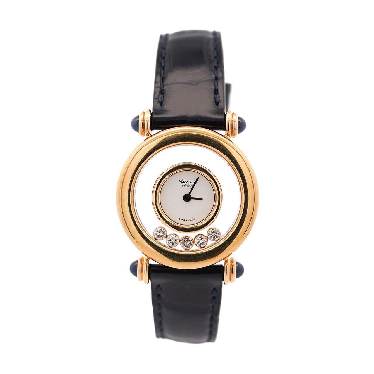 Chopard Happy Sport 4116 18K Gold Five Diamond Quartz On Blue Leather Watch For Sale