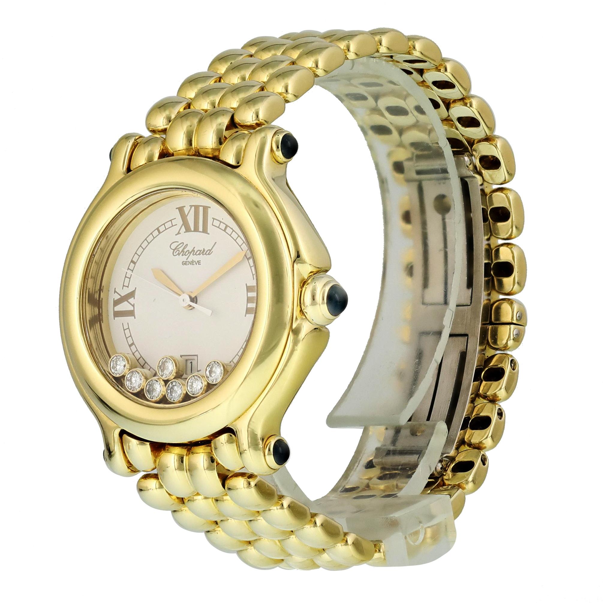 Chopard Happy Sport 4144 Floating Diamonds Ladies Watch
32mm 18k Yellow Gold case. 
Yellow Gold smooth bezel. 
White dial with gold hands and Roman numeral hour markers. 
Minute markers on the outer dial. 
Date display at the 6 o'clock position. 
7
