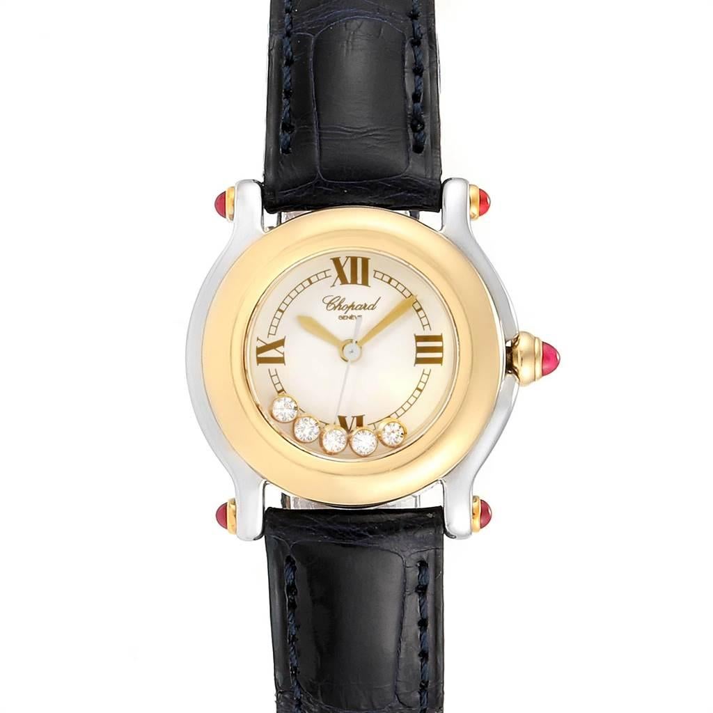 Chopard Happy Sport 5 Floating Diamond Yellow Gold Steel Watch 8246. Quartz movement. Stainless steel and 18K yellow gold round case 26.0 mm in diameter. Push / pull battons and crown set with a pink sapphire cabochon. Solid case back. 18K yellow