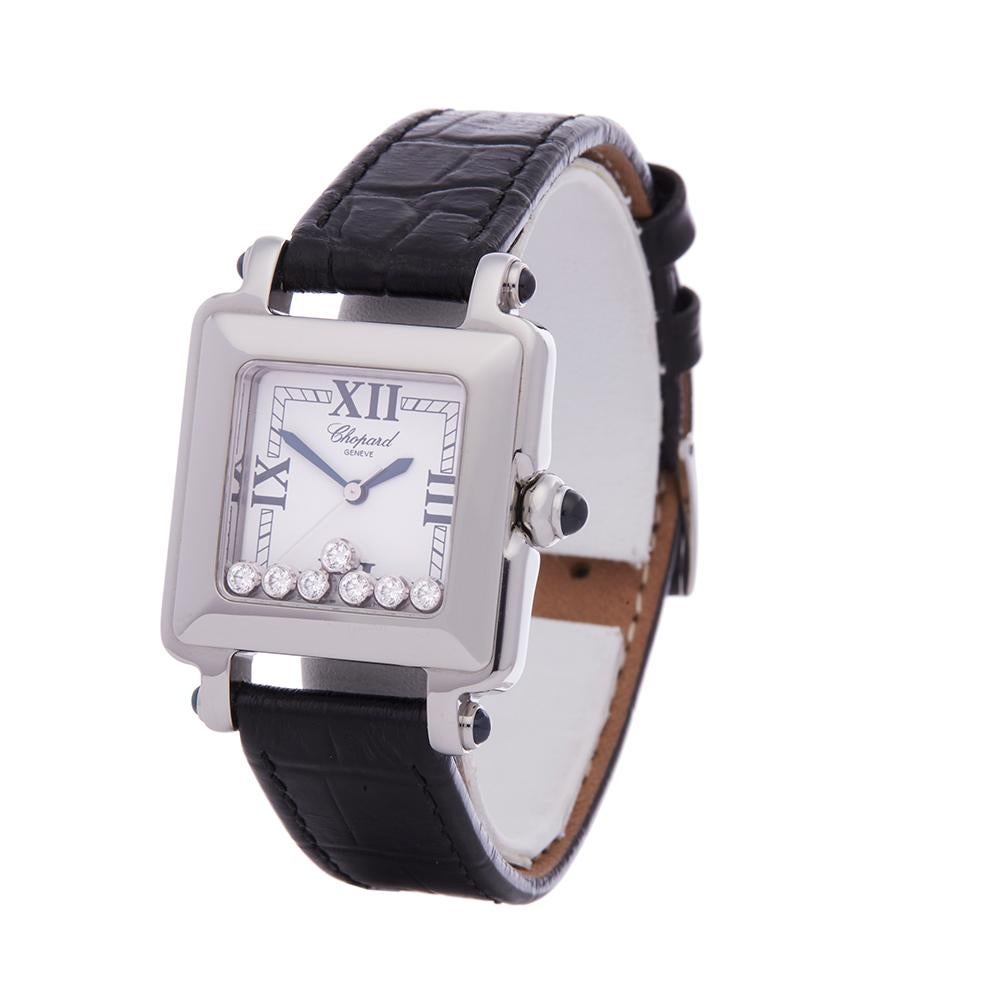 Ref: W5522
Manufacturer: Chopard
Model: Happy Sport
Model Ref: 27/8325-23
Age: 31st December 2004
Gender: Ladies
Complete With: Box, Manuals & Guarantee
Dial: White Roman 
Glass: Sapphire Crystal
Movement: Quartz
Water Resistance: Not Recommended