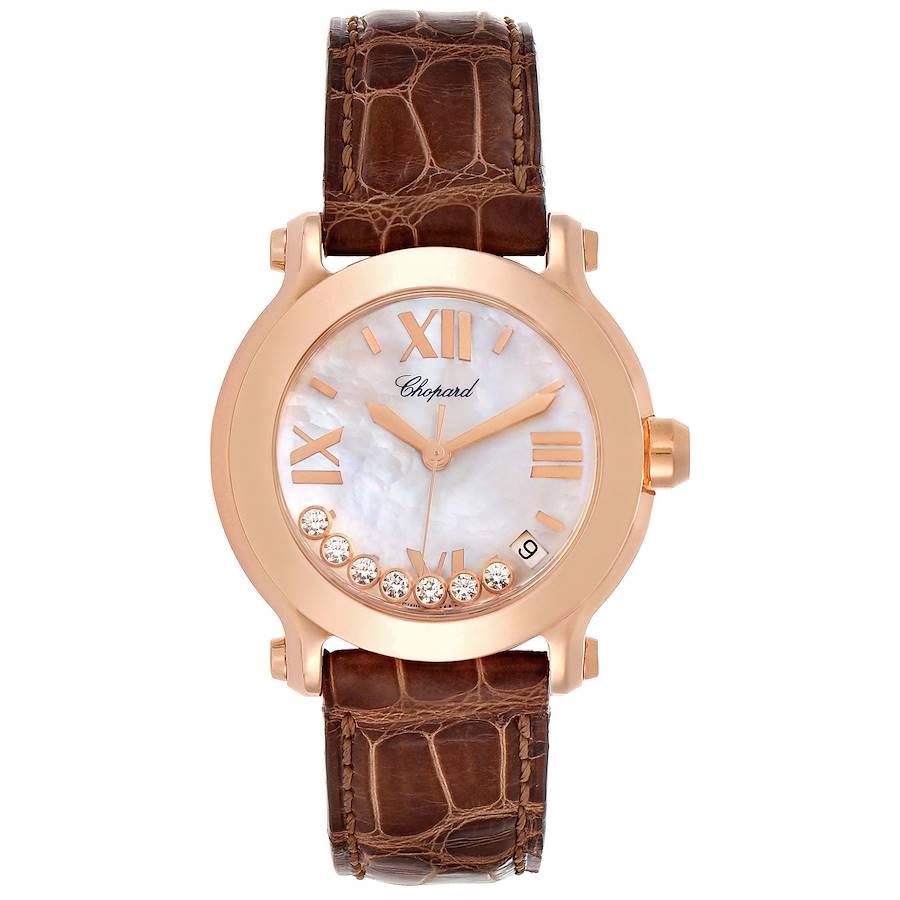 Chopard Happy Sport 7 Floating Diamond Rose Gold Damenuhr 7471. Quarzwerk. Rundes Gehäuse aus 18 Karat Roségold mit einem Durchmesser von 36,0 mm. Die Krone ist mit einem blauen Saphir besetzt. Solider Gehäuseboden. 18K Rose Gold Lünette.