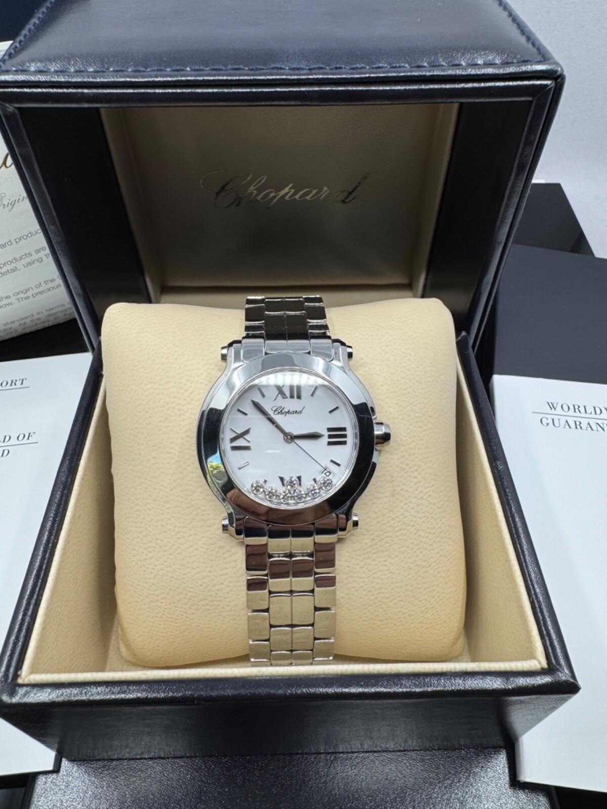 Taglio rotondo Chopard Happy Sport 7 Floating Diamond Quadrante Bianco 36mm Orologio al quarzo in acciaio 8475 in vendita