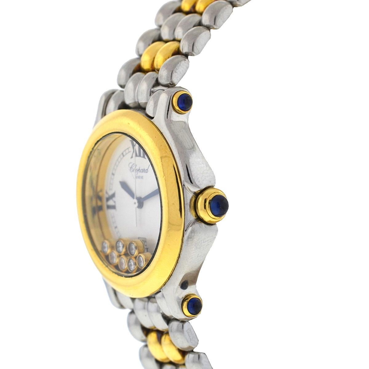 Company-Chopard
Style-Luxury Watch
Model-Happy Sport
Reference Number-27/8249-23
Case Metal-18k Two Tone
Case Measurement-32 mm
Bracelet-18k Two Tone
Dial-White Dial with 7 Floating Diamonds
Bezel-18k Yellow Gold 
Crystal-Scratch Resistant