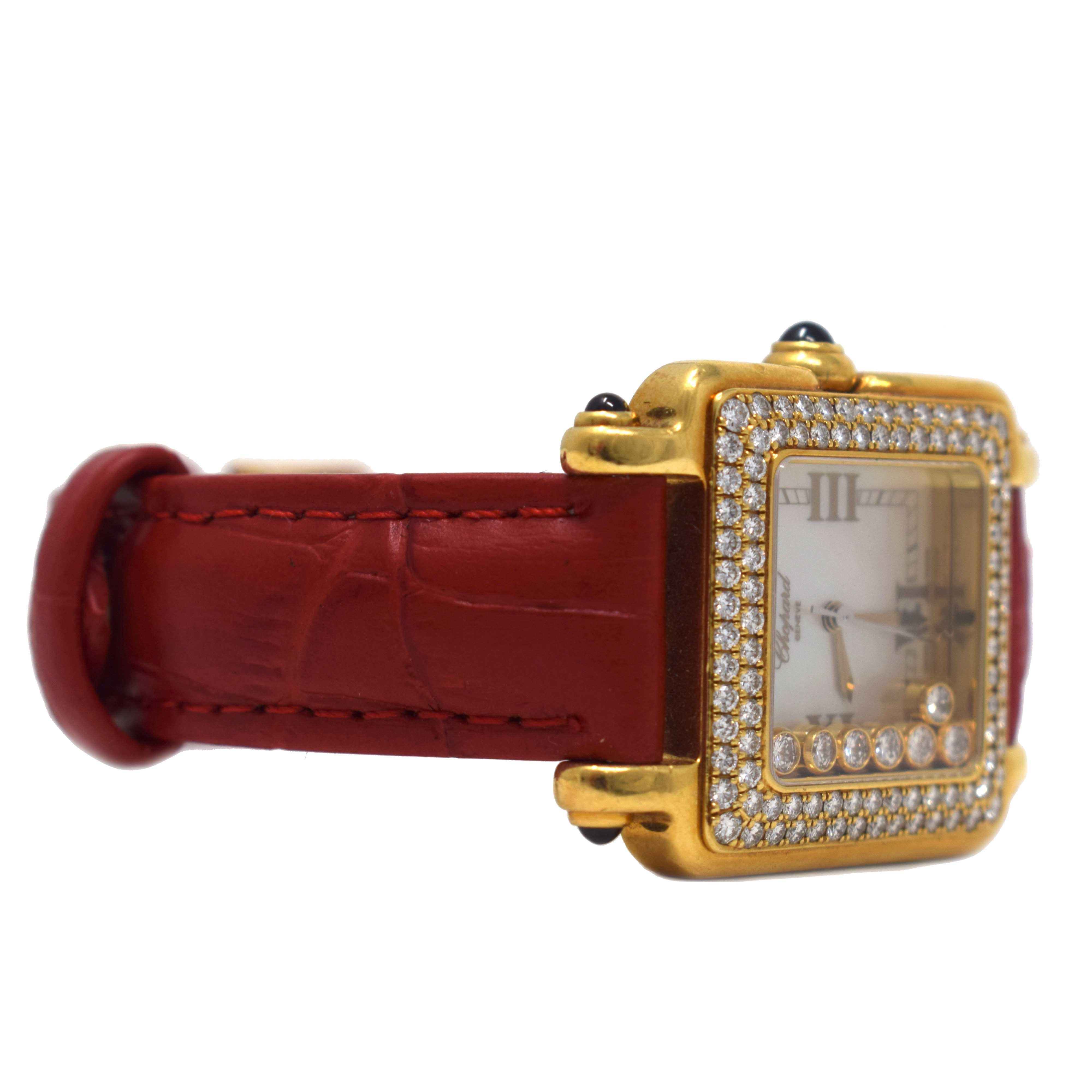 Brand: Chopard

Model Name: Happy Sport

Ref. Number: 27/6679-23

Movement: Quartz

Bezel: Fixed 18k Yellow Gold, Diamond-Paved

Dial: White Mother of Pearl, 7 Floating Diamonds

Case Size: 27 mm x 27 mm

Case Shape: Square

Case Material: 18k