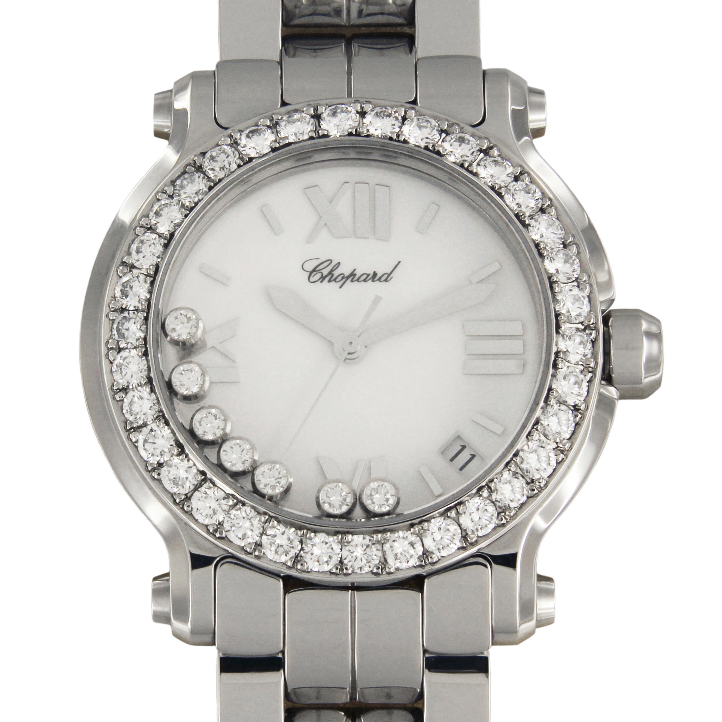 CHOPARD HAPPY SPORT 7 FLOATING DIAMONDS WATCH WITH DIAMOND BEZEL 278477-3002

-Movement: Swiss Quartz
-Case Size: 36mm
-Material: Stainless Steel
-Crystal: Scratch Resistant Sapphire
-Aftermarket Diamond Bezel
-Dial: White Matte Dial with 7 Floating