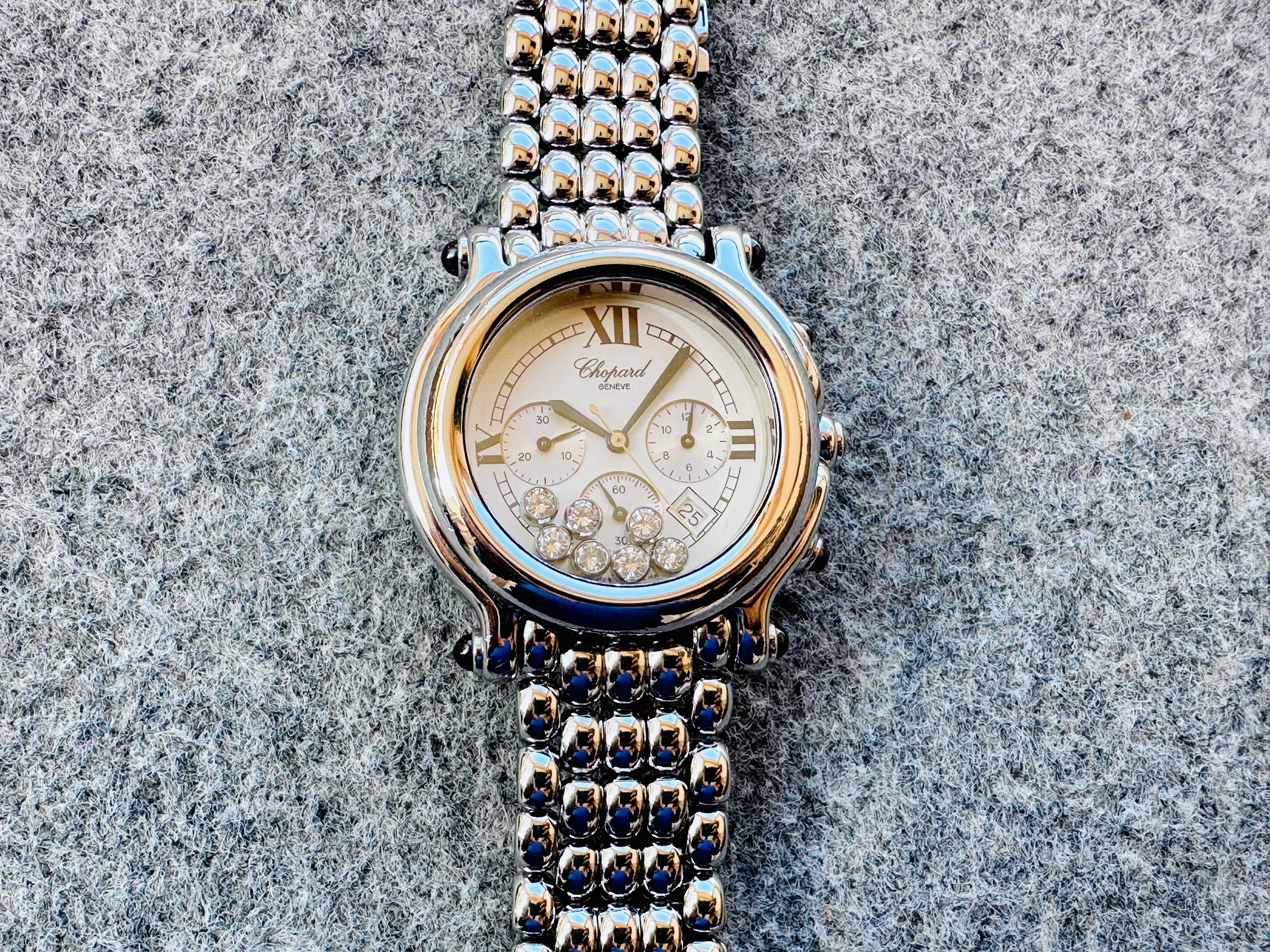 Chopard Happy Sport 8267 Montre chronographe en acier avec diamants 38 mm en vente 15