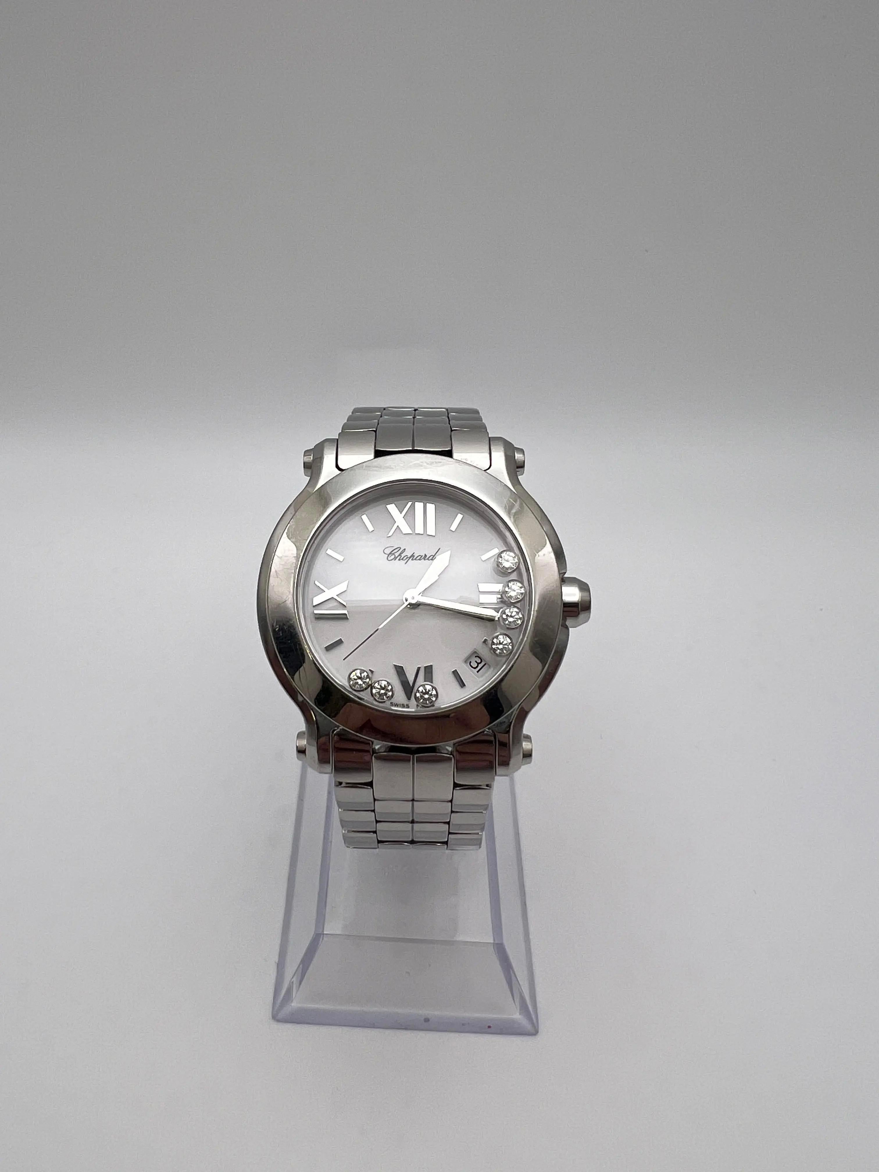 Taille ronde Chopard Happy Sport 8475 36mm Acier 7 Diamants flottants Cadran blanc en vente