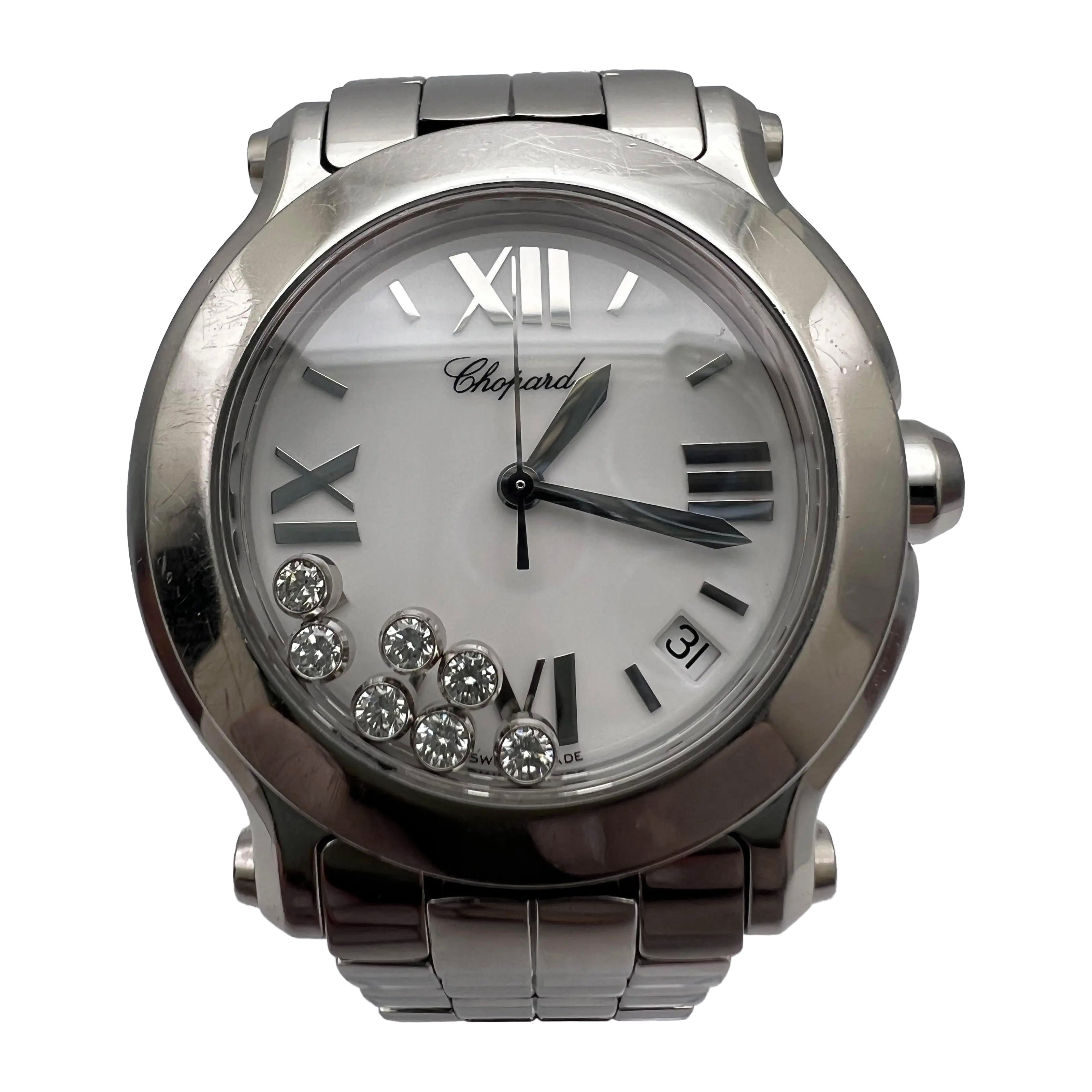 Chopard Happy Sport 8475 36mm Stahl 7 schwimmende Diamanten weißes Zifferblatt
