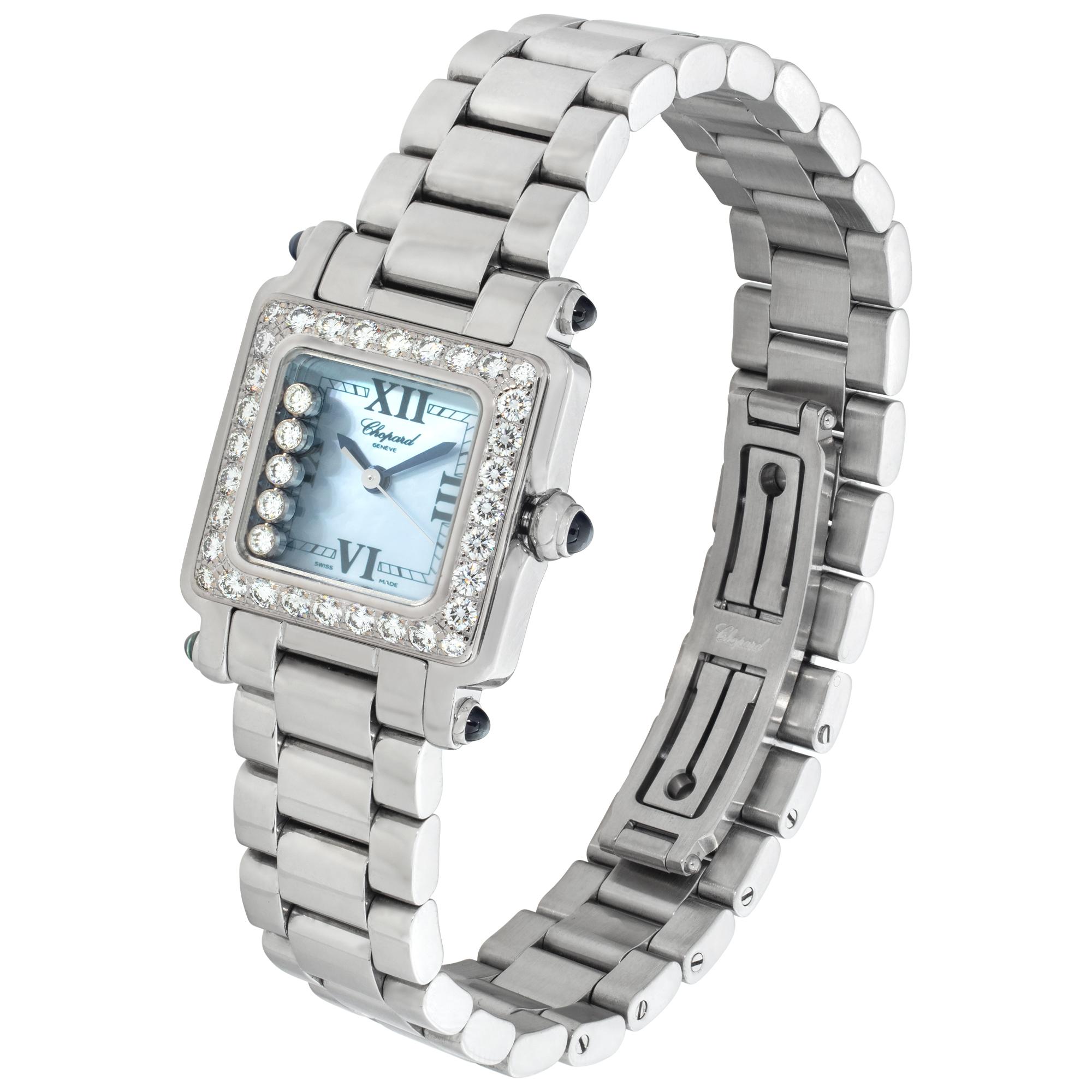 Chopard Happy Sport in stainless steel with original mother of pearl dial and custom diamond bezel. Quartz movement. With Box. 23 mm case size. Ref 8892. Fine Pre-owned Chopard Watch. Certified preowned Classic Chopard Happy Sport 8892 watch is made