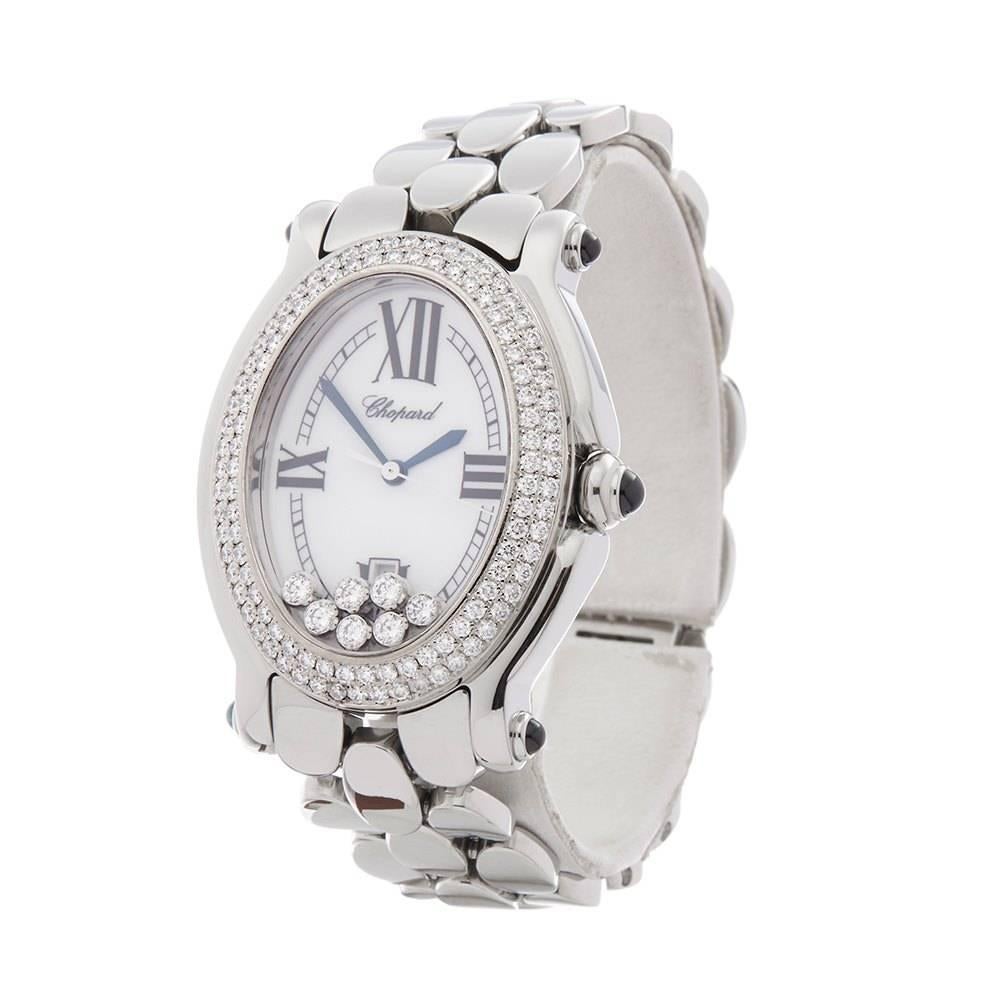 Ref: COM1443
Manufacturer: Chopard
Model: Happy Sport
Model Ref: 8937
Age: 
Gender: Ladies
Complete With: Box & Guarantee
Dial: White Roman 
Glass: Sapphire Crystal
Movement: Quartz
Water Resistance: To Manufacturers Specifications
Case: Stainless